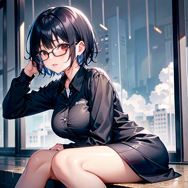 girl , short hair, black hair, red eyes, small, cute, sitting in the rain, wet, big breasts, wear glasses, Office set, เสื้อเชิ้ต สีขาว small, กระโปรง สีดำ small สั้นมาก,