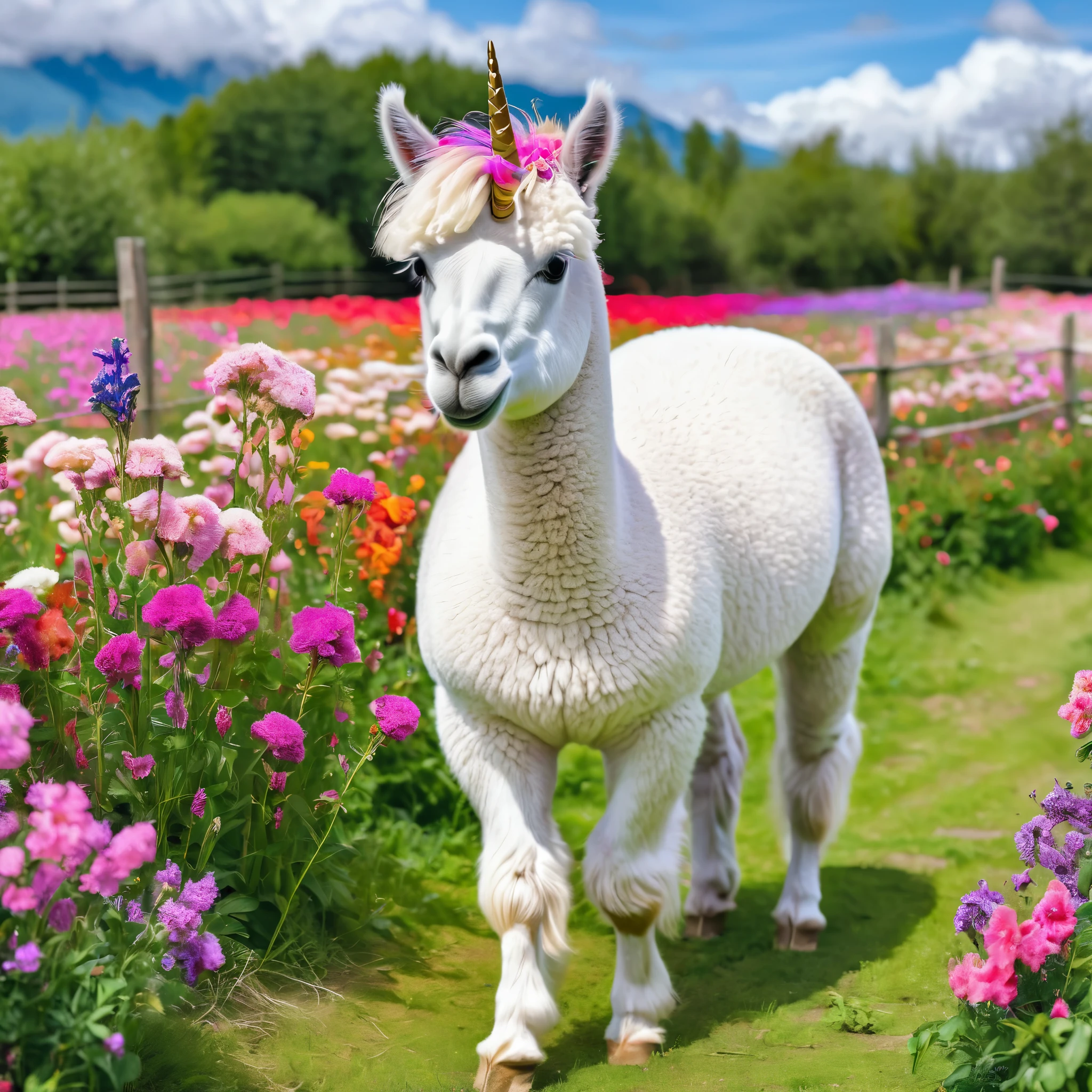 A magical unicorn Alpaca grazes in a field full of flowers, show the entire unicorn