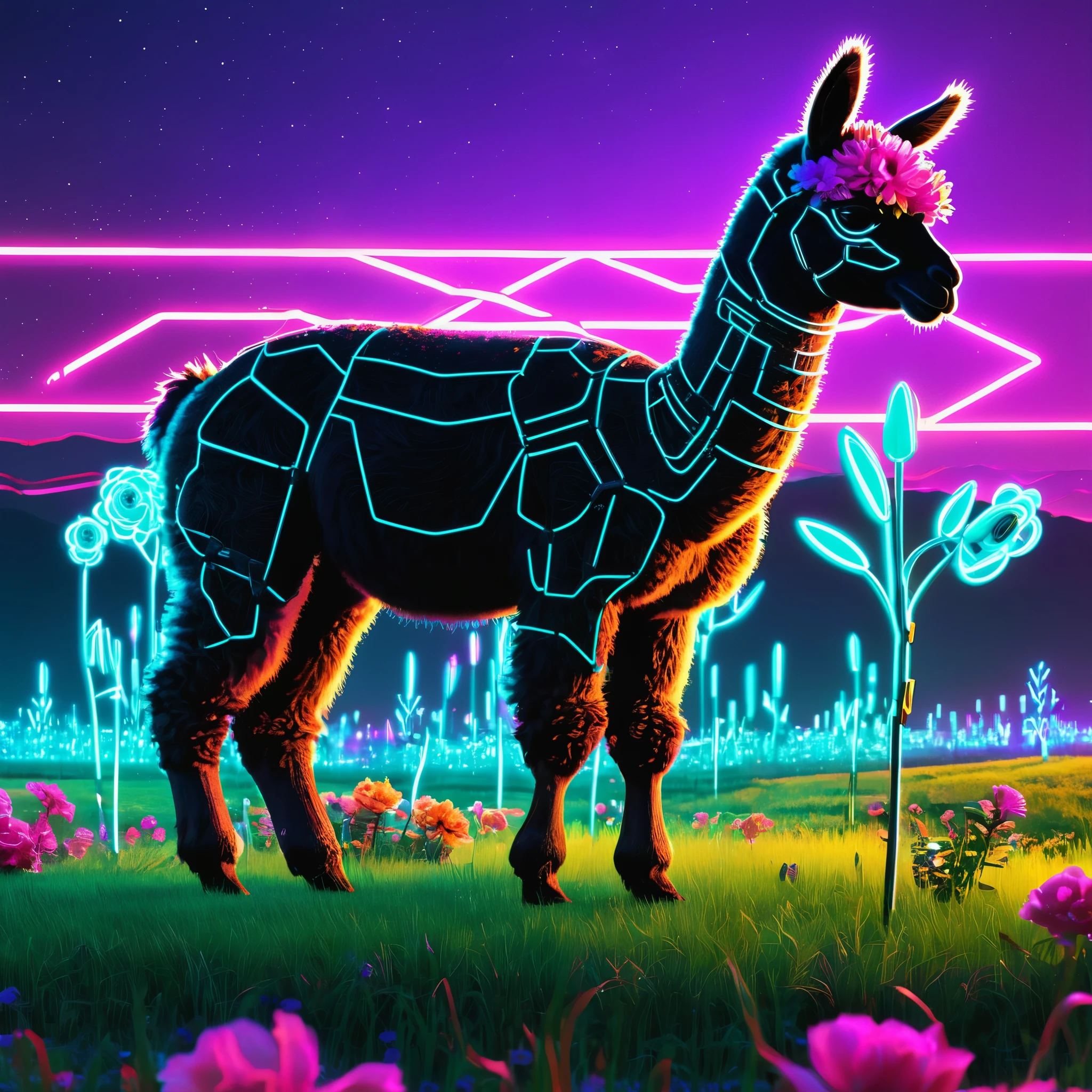 (Cyber Punk), in a Tron like setting a neon hi-lighted Alpaca grazes on a field of highly stylized digital flower