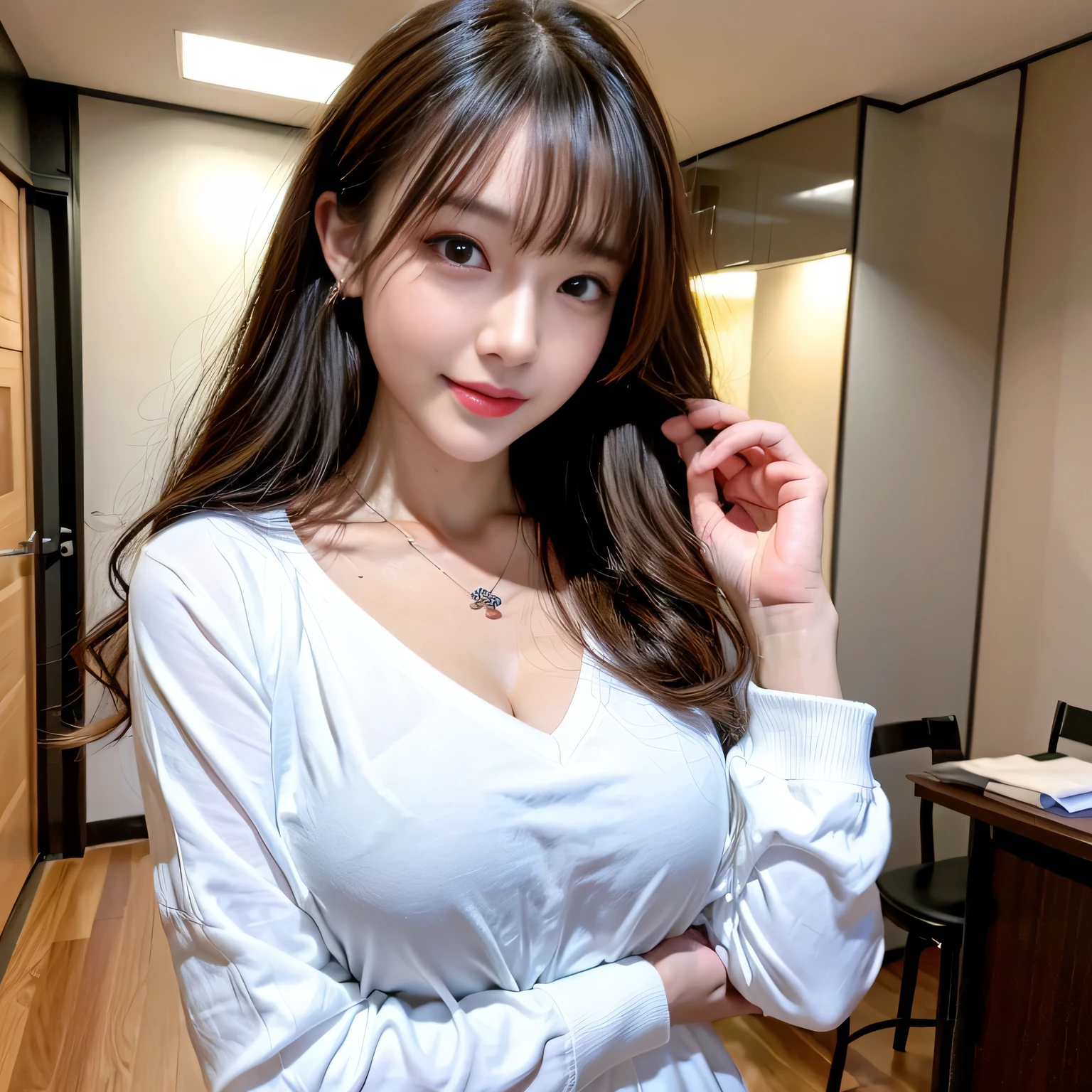 ((highest quality, 8K, masterpiece: 1.3)), concentrated: 1.2, Cute girl 1,nipples erect、Braless walk、 Perfect beauty: 1.4,hoodie: 1.2,Long sleeve、randal color、comics&Text Graphics、Black ruffle-trimmed drawstring zip blouse,1.1, Highly detailed face and skin textures, Fine grain, double eyelid, whitening skin, ,highest quality,Ultra-high resolution,you,1 girl,alone,_Shiny_skin,Iris,necklace,((Brown_length_Wavy_hair)),(lips)),eyelash,front hair,deal with,compensate,Shiny,pore,skin texture,big breasts、smiling face、living、