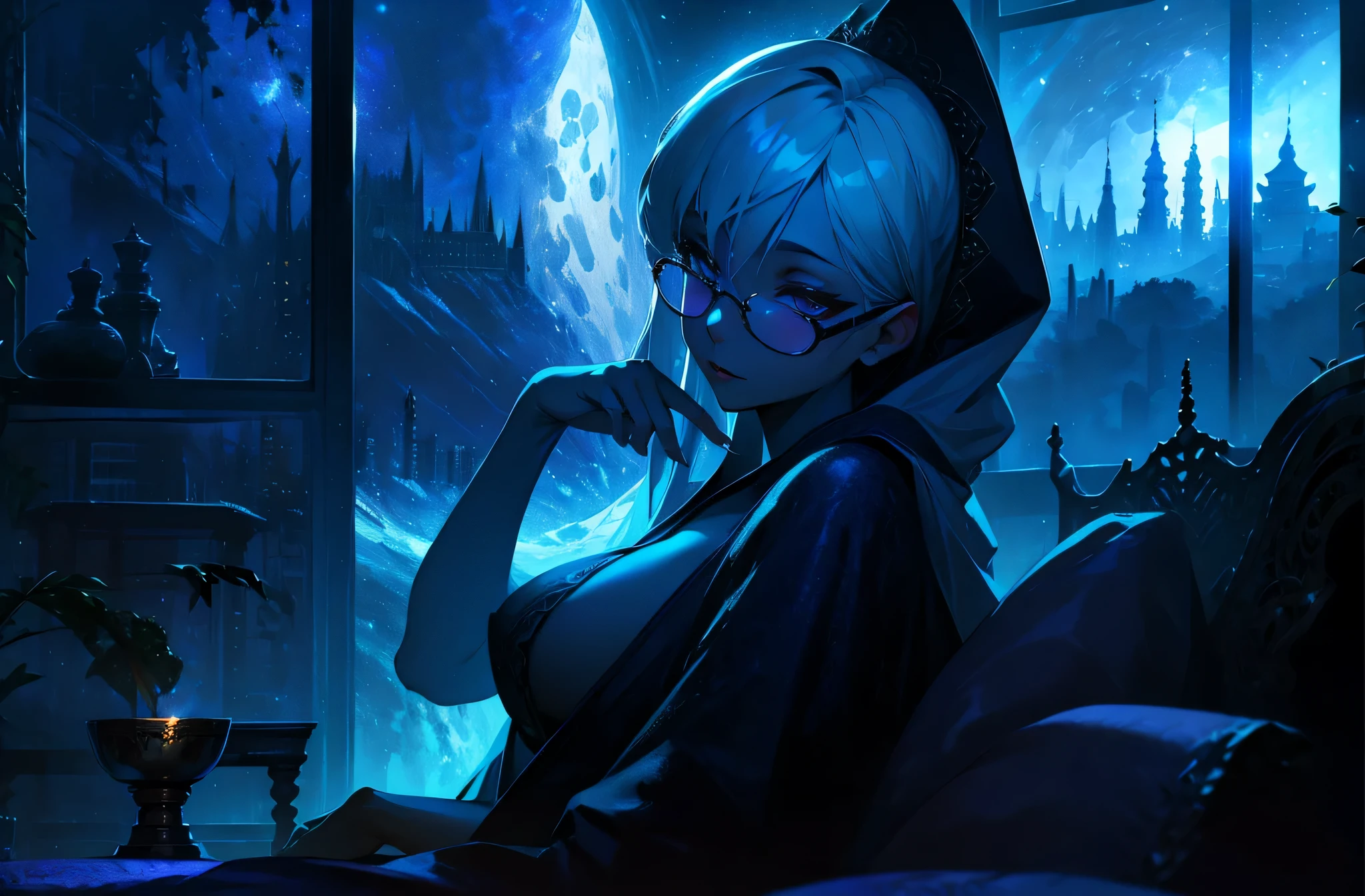 A woman in a bathrobe is lying on the bed、The large window behind offers a beautiful night view.、big breasts、sexy、dimly lit room、moonlight、exposed、Downlight、On your back、silver hair、There is a teacup on the table、There is a brick fireplace、full moon、Glasses