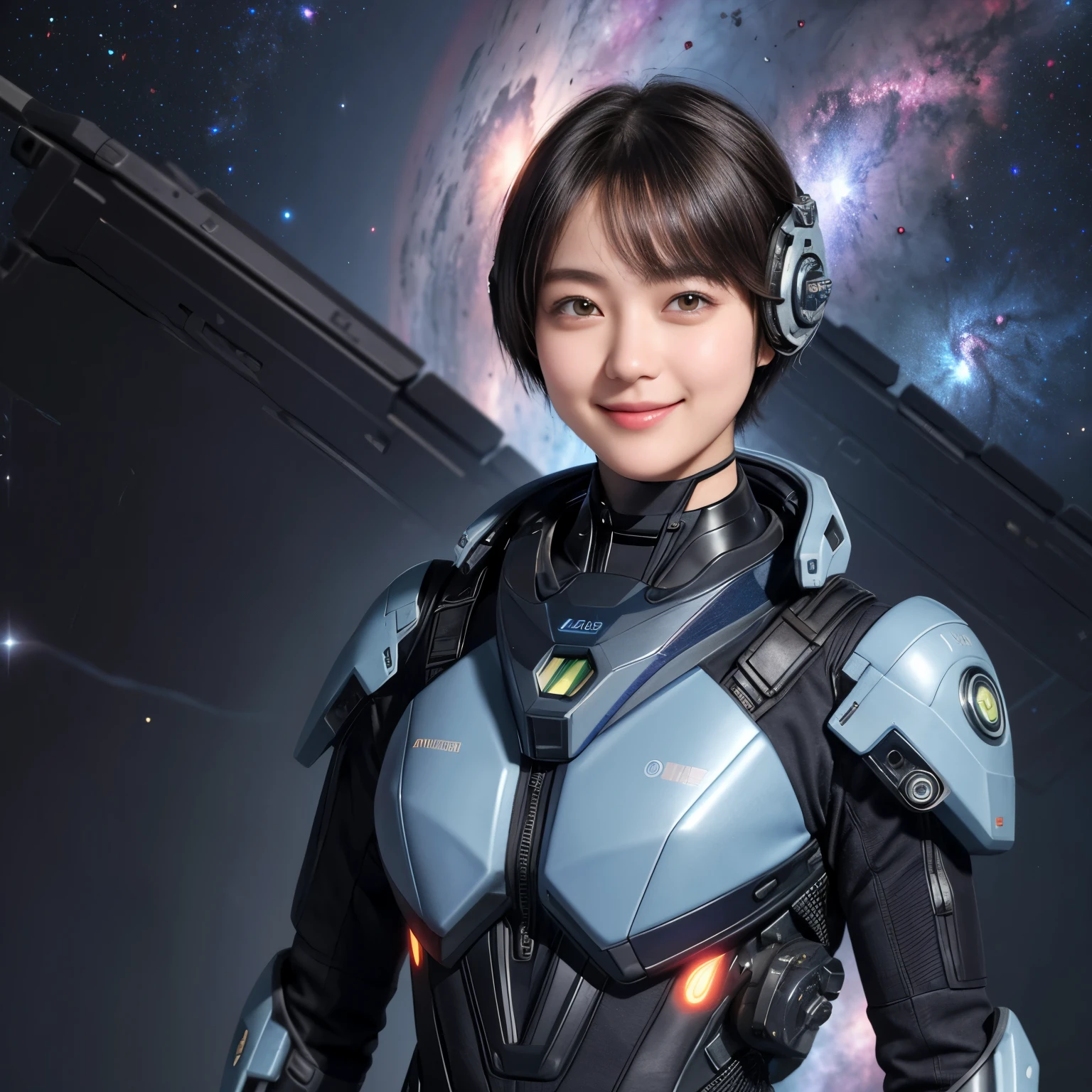210 Short Hair, 20-year-old woman, Floral, A kind smile, Futuristic clothing, machinery suit, (The background is a galaxy and nebula), (Futuristic goggles)