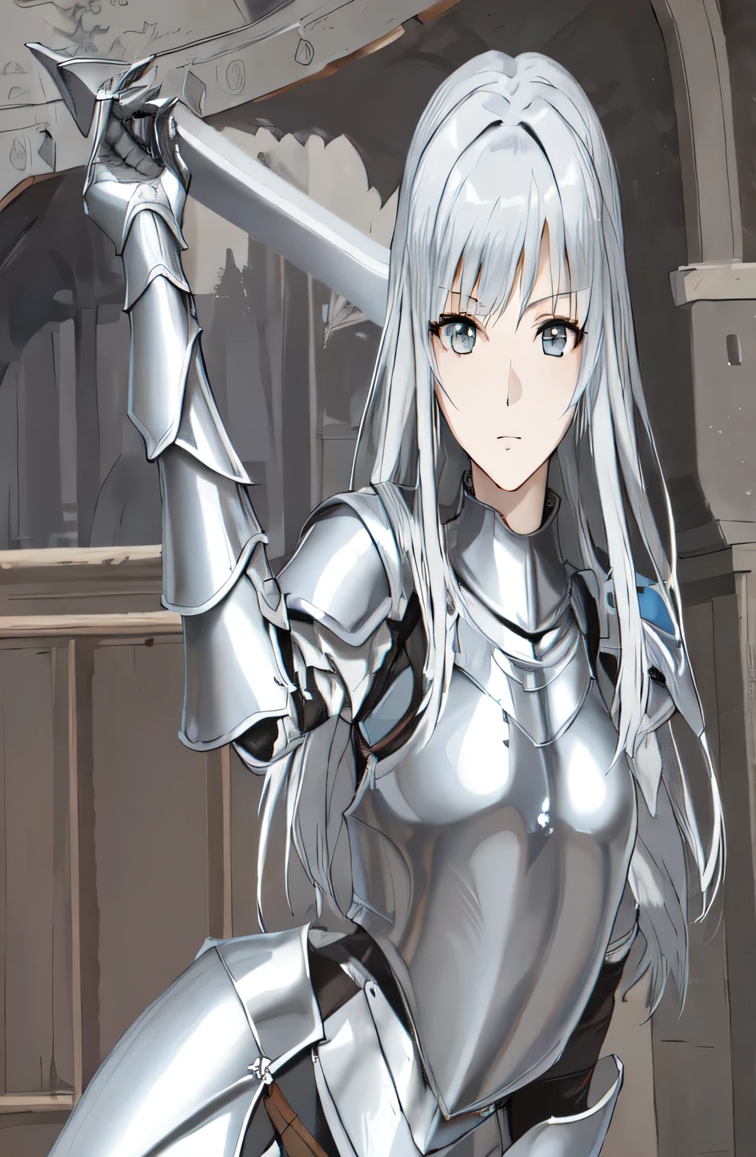 wearing armor、Anime girl holding a sword, with sleek silver armor, Armor Girl, covered in full silver armor, Has smooth silver metal armor, silver armor, skintight silver armor, Shining Plate Armor, Female Knight, Girl in knightly armor, of a beautiful Female Knight, Covered in full metal armor, wearing Shining Plate Armor, Portrait of a Knight Woman
