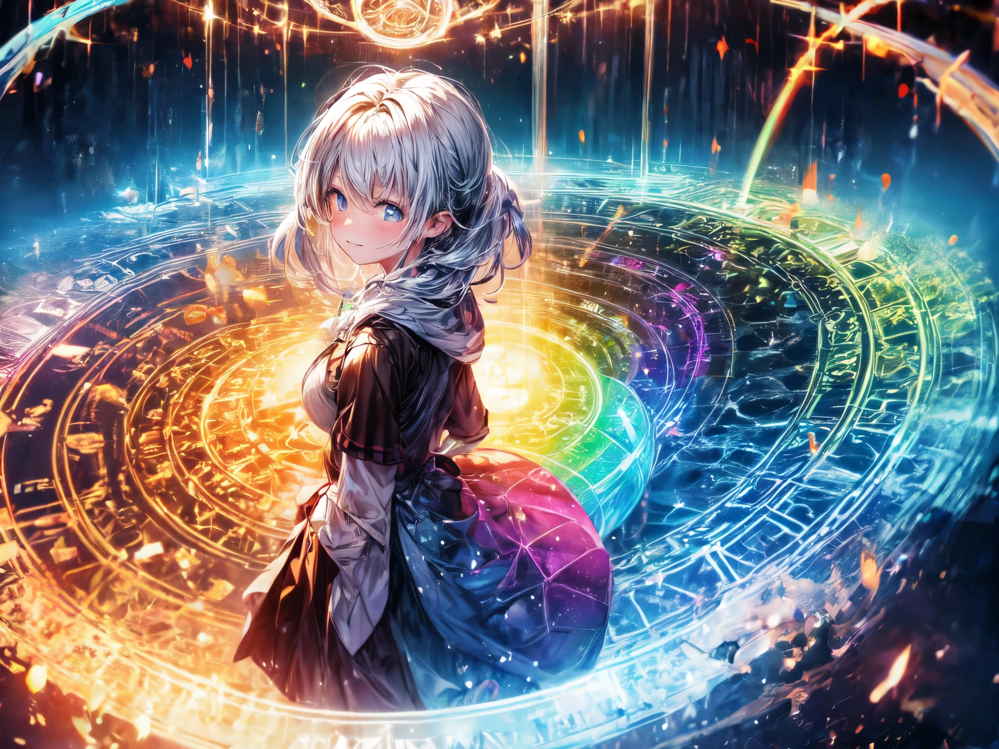 1 Girl,portrait,Rainbow magic circle,All magic circles, water, fire, electricity, soil, wood, Light, dark, time, space, All great magicians,,Determination,faint smile,