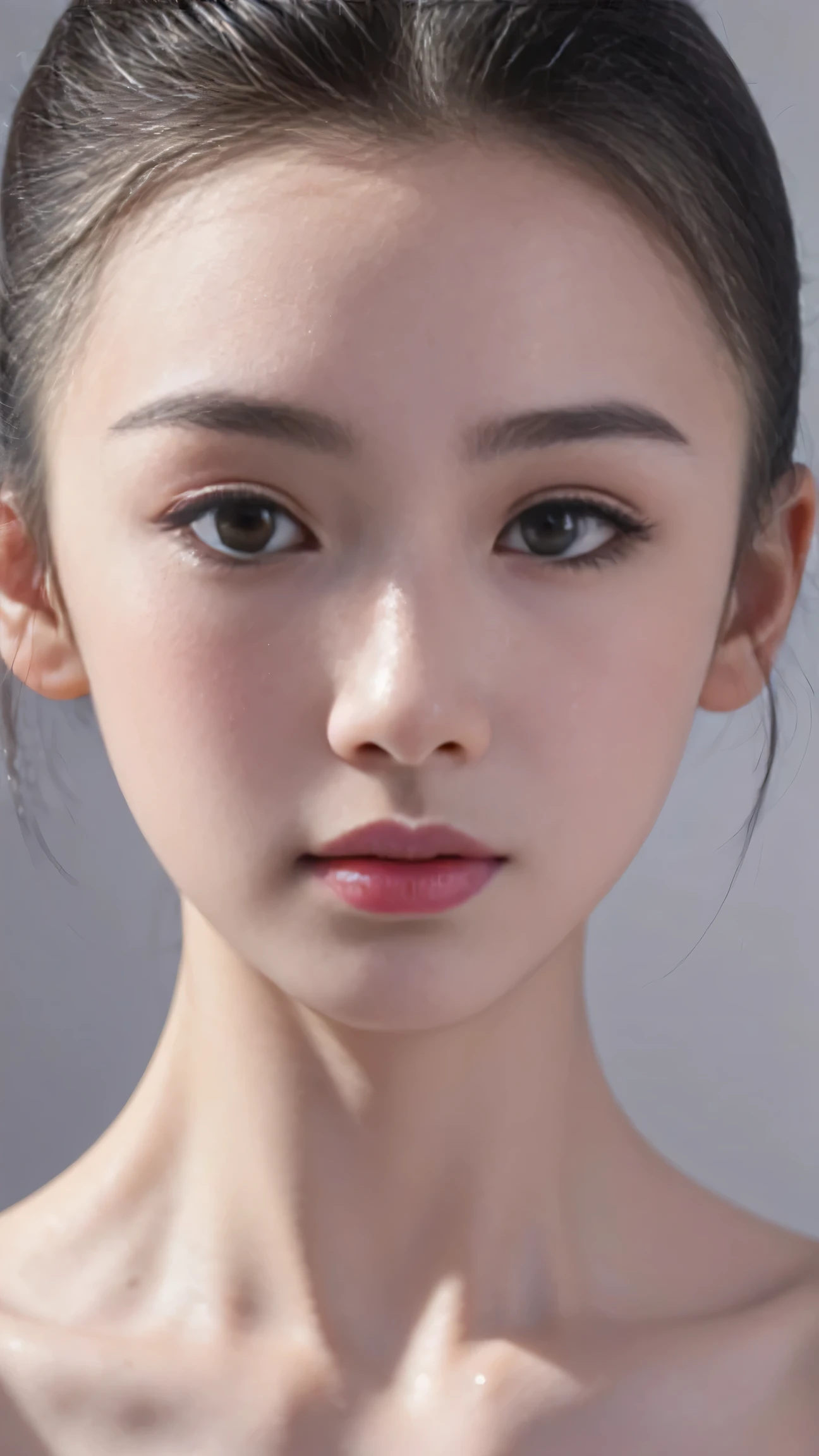fashion model 18 years old [[[[closeup face]]]], [[[[]]]], [[[[rape]]]], [[[[Shoulder]]]], ((face close-up))，perfect eyes, perfect iris，perfect lips，perfect teeth，Perfect skin，Has fair skin，long face，slender nose，girl，((Chinese ballet dancer))，Keep your eyes on the camera，((A delicate face：1.4))，Raised sexy，（((face close-up: 1. 4))），gray background，4k ultra high definition, ultra high resolution, (lifelike: 1.4), best quality，masterpiece，（pastel colors：1.2）
