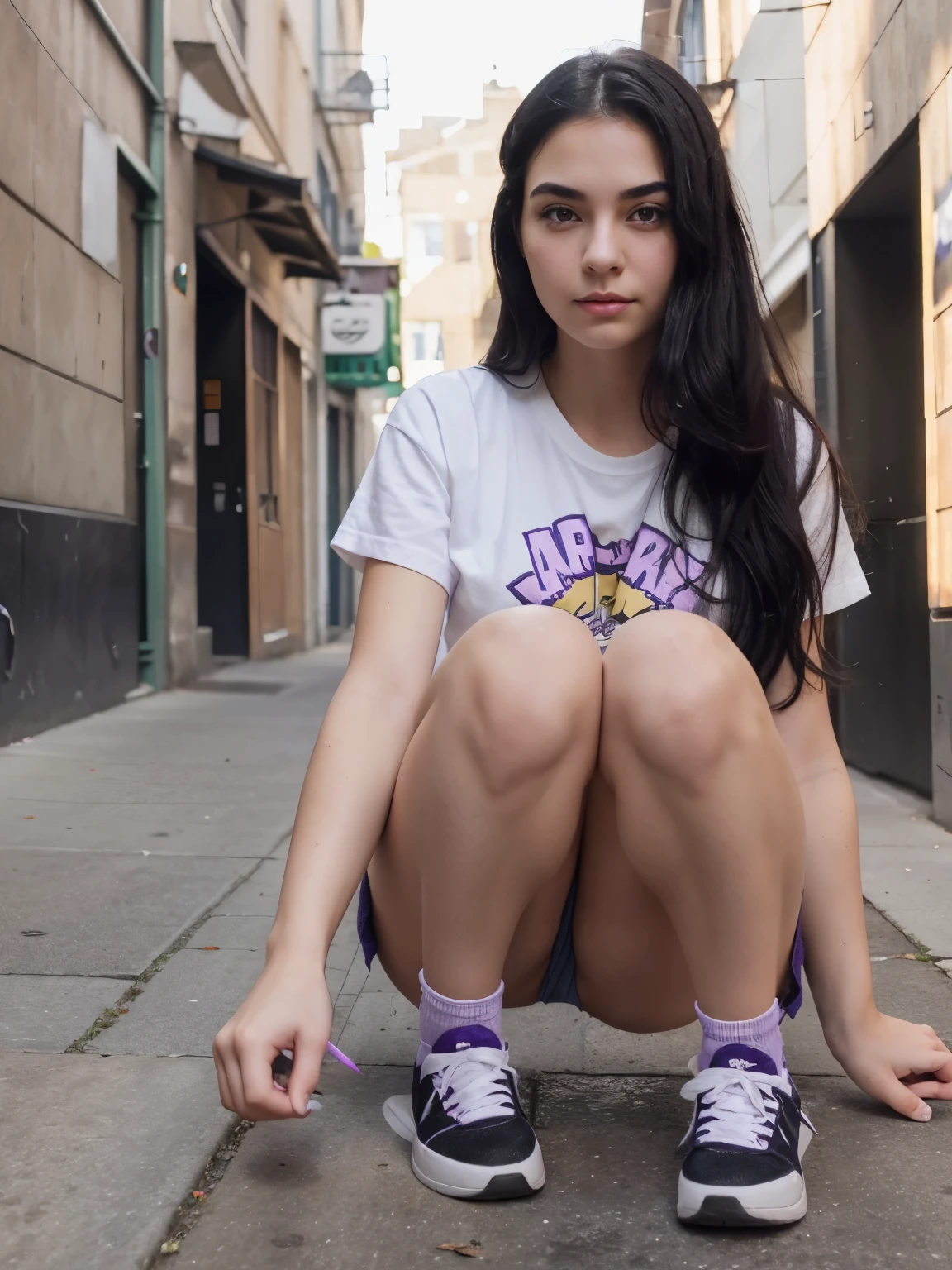 draw me a picture of a girl with black hair, purple eyes, short shorts and green color.  let her shoes be white.  let her eyebrows be purple in color.