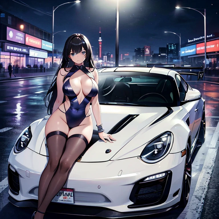 16k, High resolution, Ray Tracing, RTTX 10.0, Ultra-realistic, High resolution, Wide-angle shot, highest quality, masterpiece, Full body image, (perfection anatomy ), Long black hair, Happy laughter, blue eyes, Sexy Body, Looking at the camera, at night, Anime Style, Trending on ArtStation, WLOP, sakimichan, Awards, Great composition, perfection, great lighting, sitting on the hood of a porsche 911, 1 set, Car Girl, racing girl、Camel Toe、Giant tit、Nipple Puffs、Cleavage、Plump、Super big breasts、Super big butt、Temptation、lure