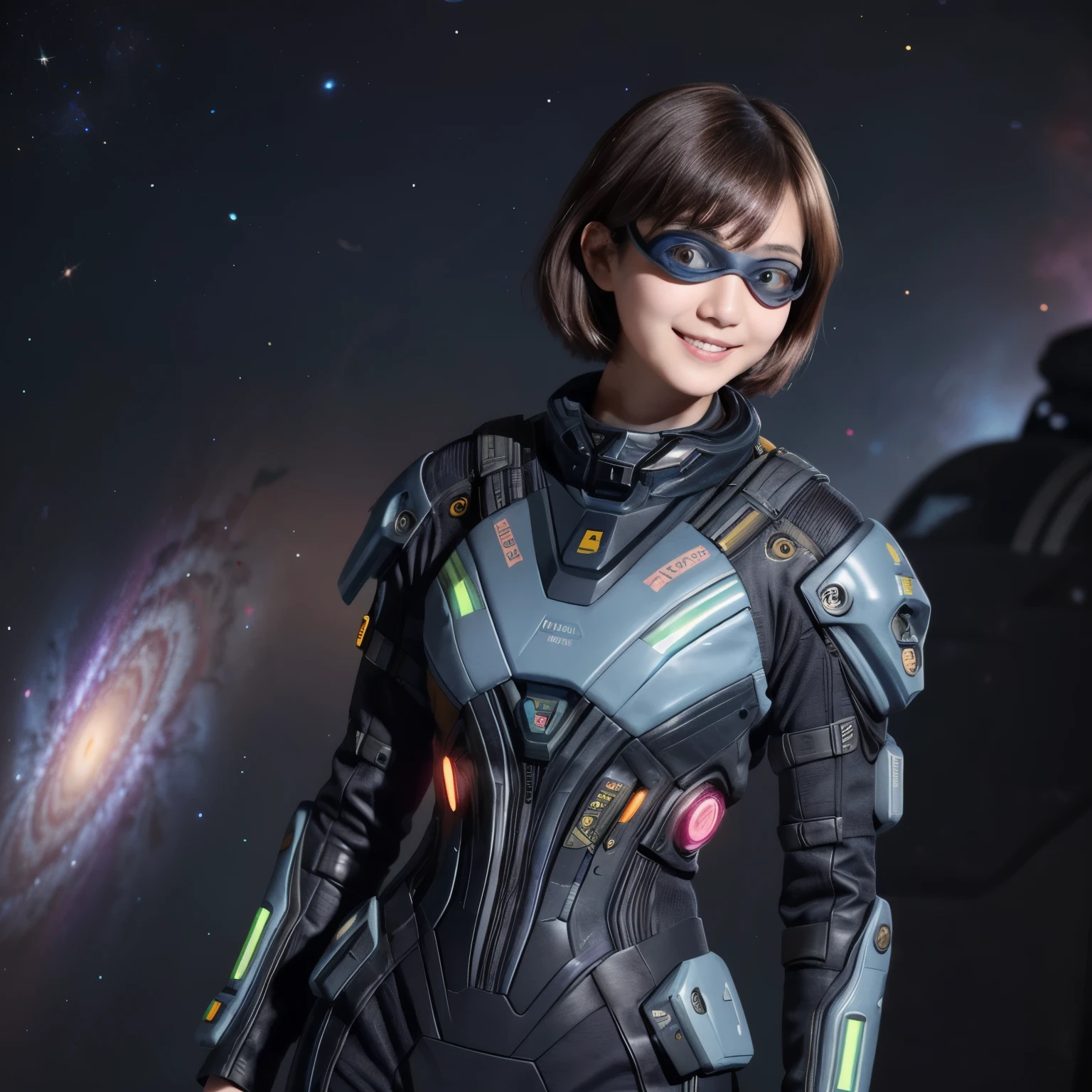 210 Short Hair, 20-year-old woman, Floral, A kind smile, Futuristic clothing, machinery suit, (The background is a galaxy and nebula), (Futuristic goggles)