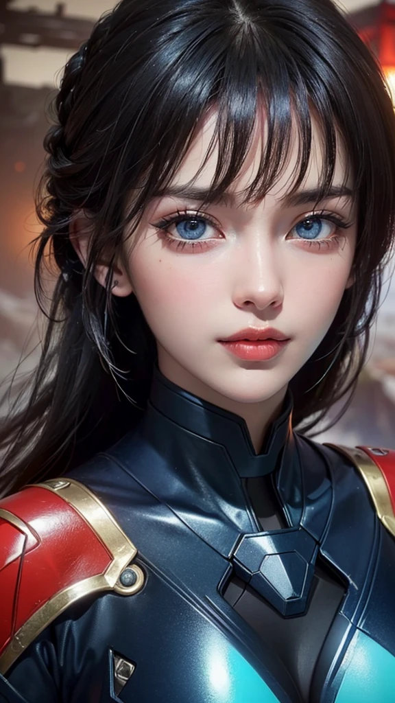 (UHD, Retina, masterpiece, precise, anatomically correct, textured skin, Super Detail, High Detail, high quality, best quality, high resolution, 1080p, HD, 4K, 8k, 16K), (Beautiful and delicate eyes, Beautiful and delicate lips, Extremely detailed eyes and face), soft light, Physically Based Rendering, vivid colors, (Large Breasts:1.5), (portrait, Shiny hair, Glowing skin), eye reflex, (Bokeh, _novel, Sky, cloud, City, architecture), (Bangs:1.5), Half section, (blue_color, luminescent_fighting_suit, Red Cliff:1.5),