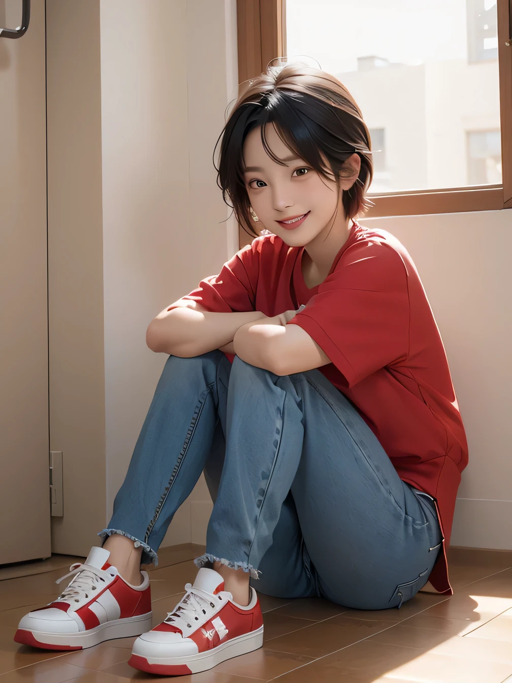 masterpiece:1.3), (8k, Realistic, RAW Photos, highest quality:1.4), (Realistic face), (Black Hair、Short Haircut、Beautiful Hairstyles, smile、Beautiful teeth alignment、 (realistic skin texture), (Beautiful Skin),charm, Ultra-high resolution, Ultra-realistic skin, (Natural light)、((smile)), ((full body shot)), (((Red trainer)))、((Skinny jeans and sneakers))