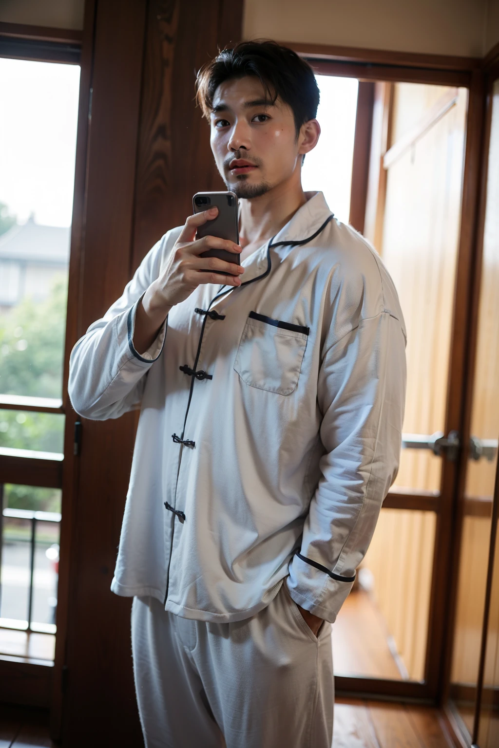 ((best quality)), ((masterpiece)), (detailed), perfect face,Asian men，Asian men，Chinese man，korean man，Beard，Haggard face，Receiving or making a mobile phone call，Wear loungewear，pajamas，Standing