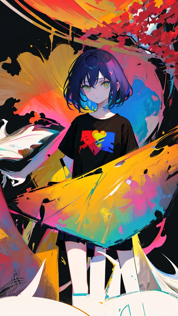 (shape: giant gram), (Flat Color:0.9),(colorful:1.1),(masterpiece:1,2), highest quality, masterpiece, High resolution, original, Highly detailed wallpaper, View your viewers,,,One girl,alone,Portraiture, T-Shirts, Mark Rothko & basquiat style background, oil, abstract expressionism, Expressionless,cherry blossoms