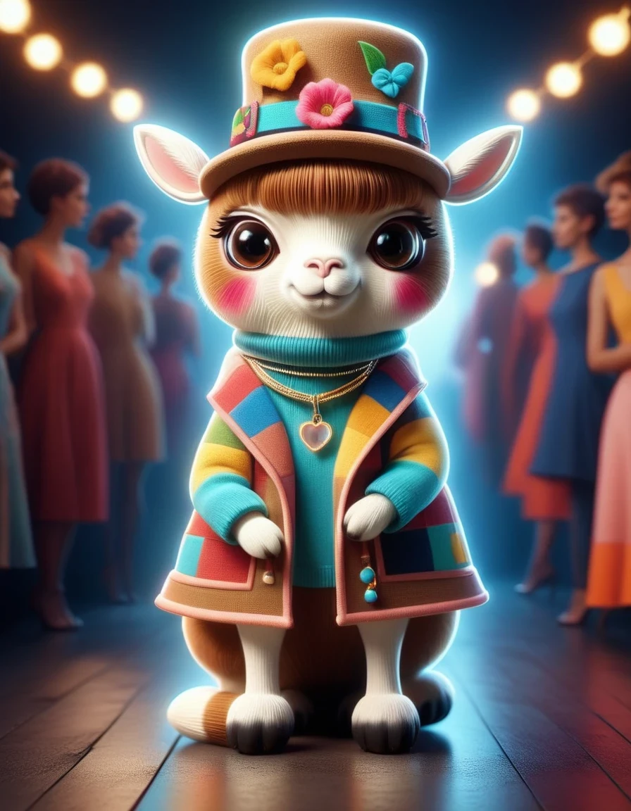 in style of Patchwork , portrait,(Cute alpaca fashion show), Alpaca is anthropomorphized with makeup,whole body,Shooting poss,Fashion trends for summer 2024,Khaki,milky,Charming Alpaca,Enchanting Alpaca,Walking on a catwalk,Dynamic poses,Cool,Cute big eyes,necklace,hat,Fashion,Cartoon,iin style of Terracotta artwork , portrait,background:Fashion show catwalks
