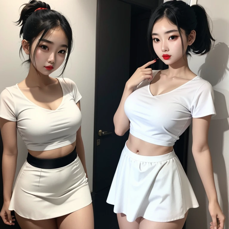 , twinsies、The ultra-detailliert, (A hem full flared shorts), (Oversized T-shirt with excess fabric when tucked into a skirt), (white strapless shirt), (Skirt full thigh), (knee-length outfit), ((full-body standing image)), (cotton spaghetti-strap top), (Scottish pleated midi skirt), (black midi skirt), (white sneakers), (a pair of white leather boots, highly detailed boots), (32K,1 20-year-old girl, The light from the rear room is backlit, Ray traching), (top meets shorts), (bare arms), (bare shoulder), (A hem full flared shorts, (upper breasts are firm), (short upper chest), (full breasts), (shorts), (large knee), (large shin)
