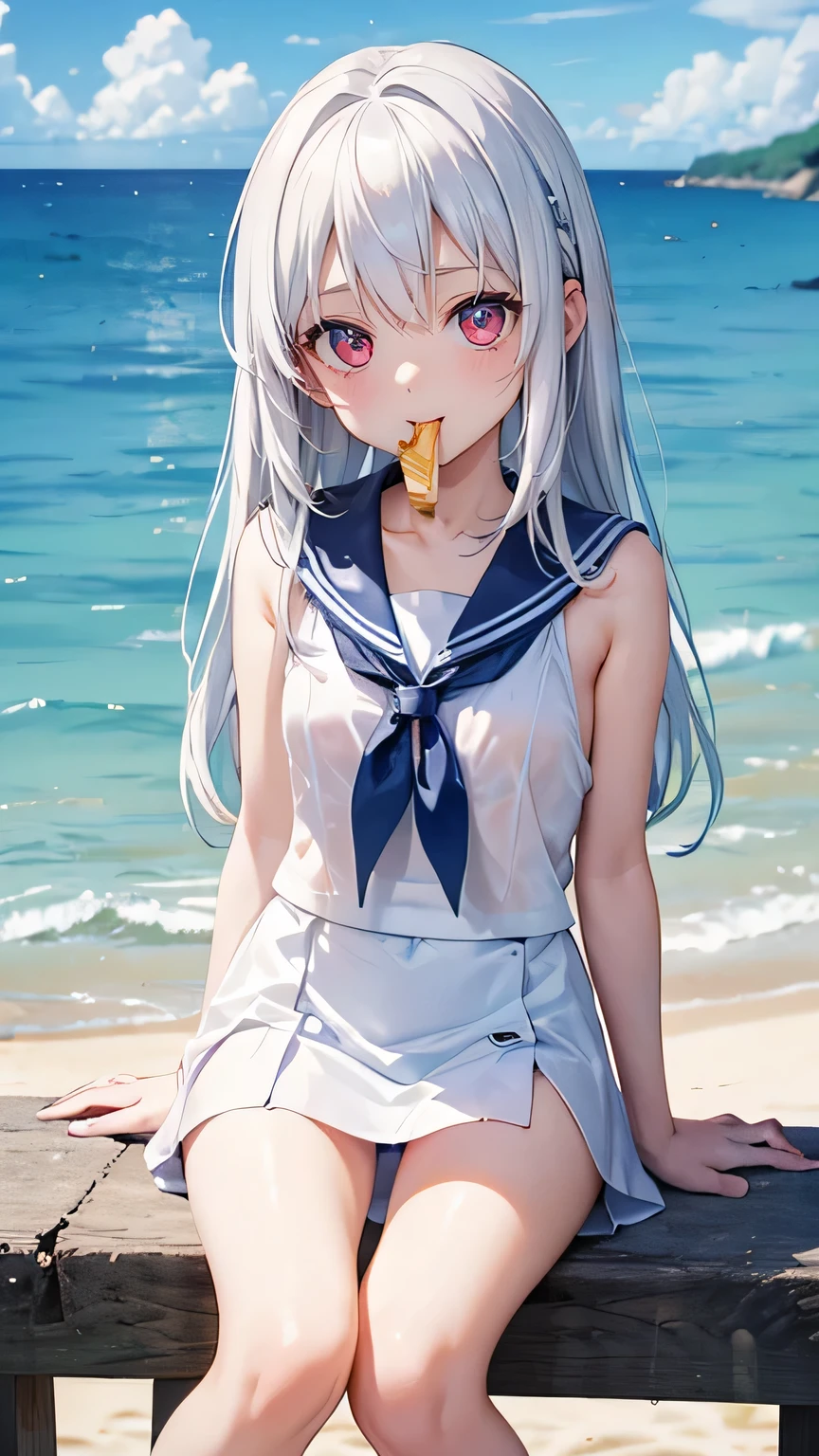 (Eating an ice cream bar with his mouth open).Girl、Very cute girl、()、white hair、Long Straight Hair、Bangs are too close to the eye、Light red eyes、(Normal human ear)、Thin arms、Beautiful body、Slim legs、Shapely breasts、clear white skin、smile、(Sailor suit、mini skirt、White and blue)、I know the shape of the nipples、(Ocean、beach)、Ultra HD、Digital SLR,Sit on、