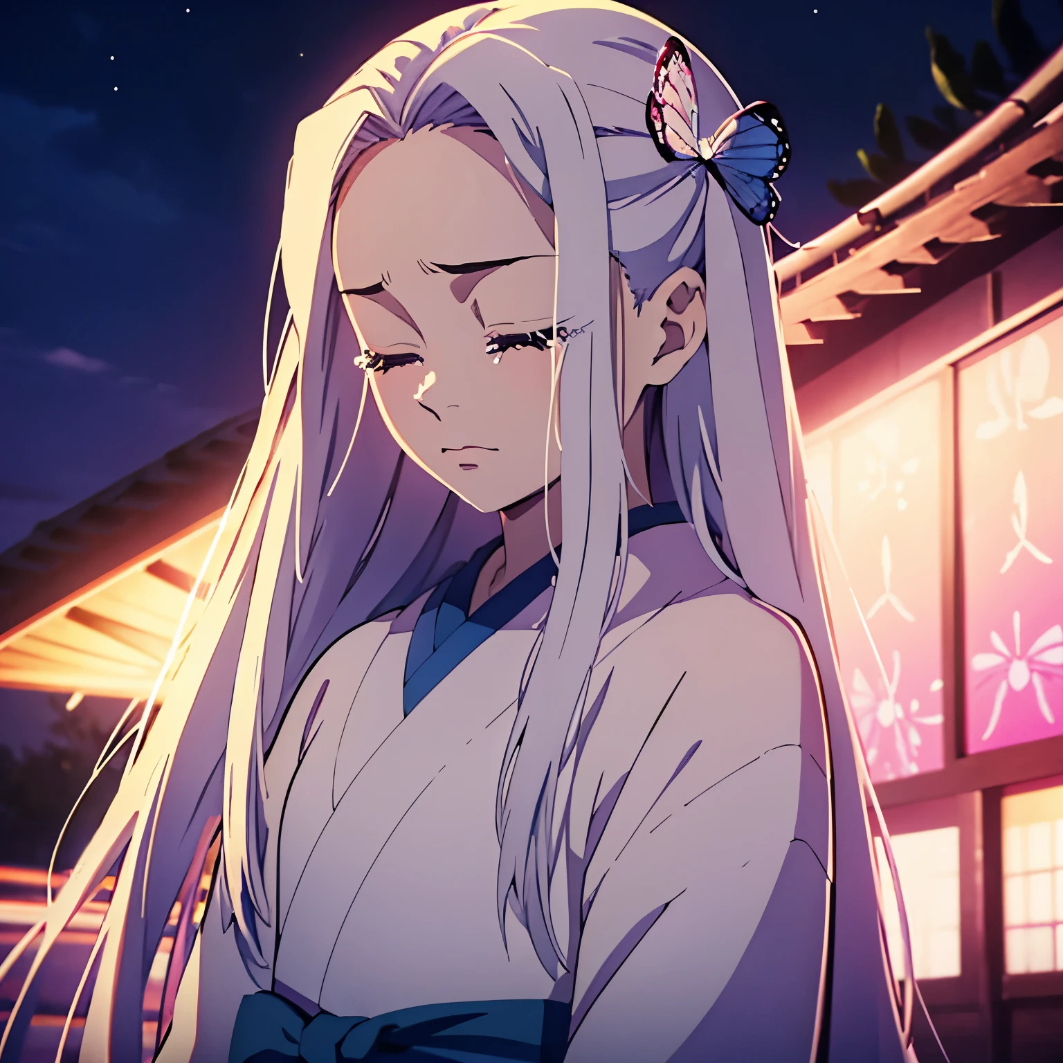 1 girl with White long straight hair and closed eyes,  beautiful girl, pink kimono, ((night time)), (crying face), 17 years old girl, (front view), half down hairstyle, from front, one hair pin, blue butterfly hair pin, 