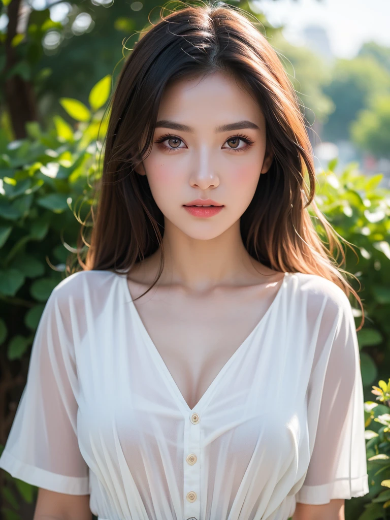 Top quality, RAW Photo, Highest Quality Image, 16K, Full body, Age 25 years old, Realistic, Photorealistic,  Beautiful Asian woman, Sexy, body, White pale skin, Beautiful hair, Wavy hair, Brown Hair,, Short hairstyle, Detailed face, Detailed body, Detailed skin, Double eyelids, Big eyes, long eyelashes, bright eyes, green eyes, natural lips, detailed lips, Saggy breasts, Very Small breasts, Flat Breasts, long shape breasts, posing in Aspen forest , sunny day light , light through Aspen trees, wearing white shirt 