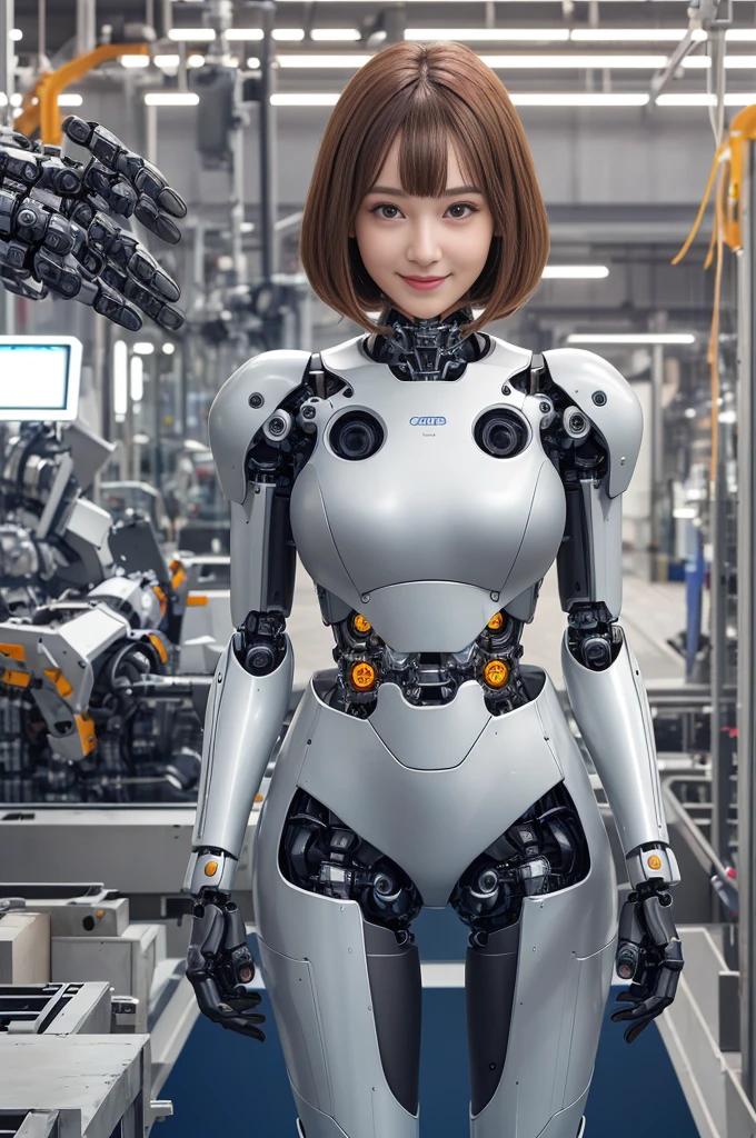 Cybernetic arm and glowing cyber girl,(Transparent and revealing clothing:1.3, ),(Cyber girl assembling large robot in robot factory:1.3), Assembling in the background,Glossy light brown and orange striped shorthair cat,Lovely smile,perfect round face,A cheerful smile makes the audience happy,Correct body proportions,On the table,Ultra-high quality output images,high resolution,Intricate details,Very fine and beautiful hair,Photo-realistic,dream,Professional lighting,Realistic shadows,Focus only,beautiful hands,Beautiful fingers,Detailed finger features,Detailed clothing features,Detailed hair features,Detailed facial features,