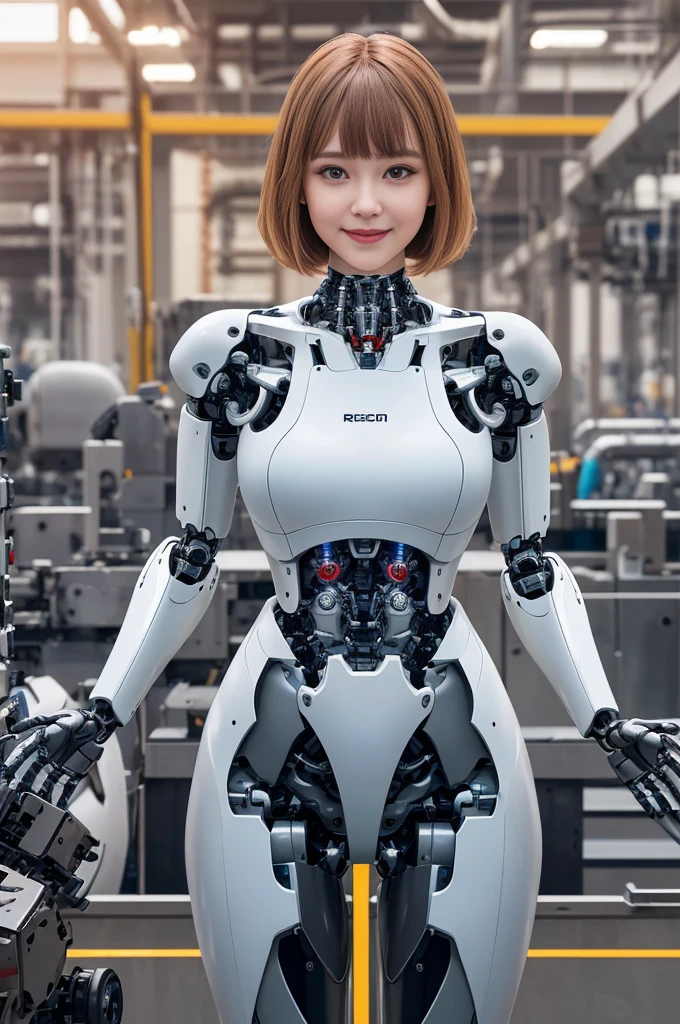 Cybernetic arm and glowing cyber girl,(Transparent and revealing clothing:1.3, ),(Cyber girl assembling large robot in robot factory:1.3), Assembling in the background,Glossy light brown and orange striped shorthair cat,Lovely smile,perfect round face,A cheerful smile makes the audience happy,Correct body proportions,On the table,Ultra-high quality output images,high resolution,Intricate details,Very fine and beautiful hair,Photo-realistic,dream,Professional lighting,Realistic shadows,Focus only,beautiful hands,Beautiful fingers,Detailed finger features,Detailed clothing features,Detailed hair features,Detailed facial features,