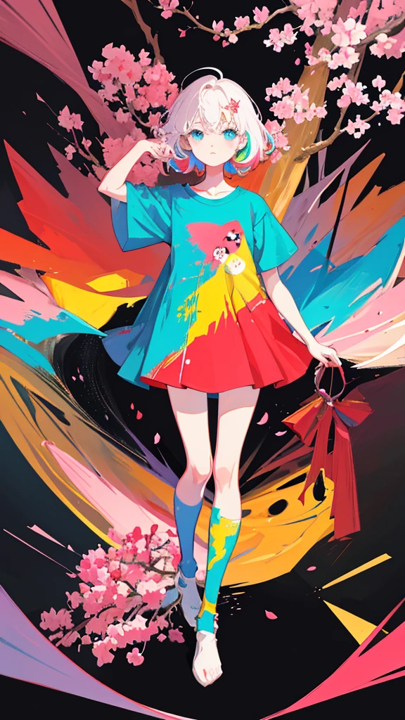 (shape: giant gram), (Flat Color:0.9),(colorful:1.1),(masterpiece:1,2), highest quality, masterpiece, High resolution, original, Highly detailed wallpaper, View your viewers,,,One girl,alone,Portraiture, T-Shirts, Mark Rothko & basquiat style background, oil, abstract expressionism, Expressionless,cherry blossoms,cherry blossomsの花,cherry blossoms並木