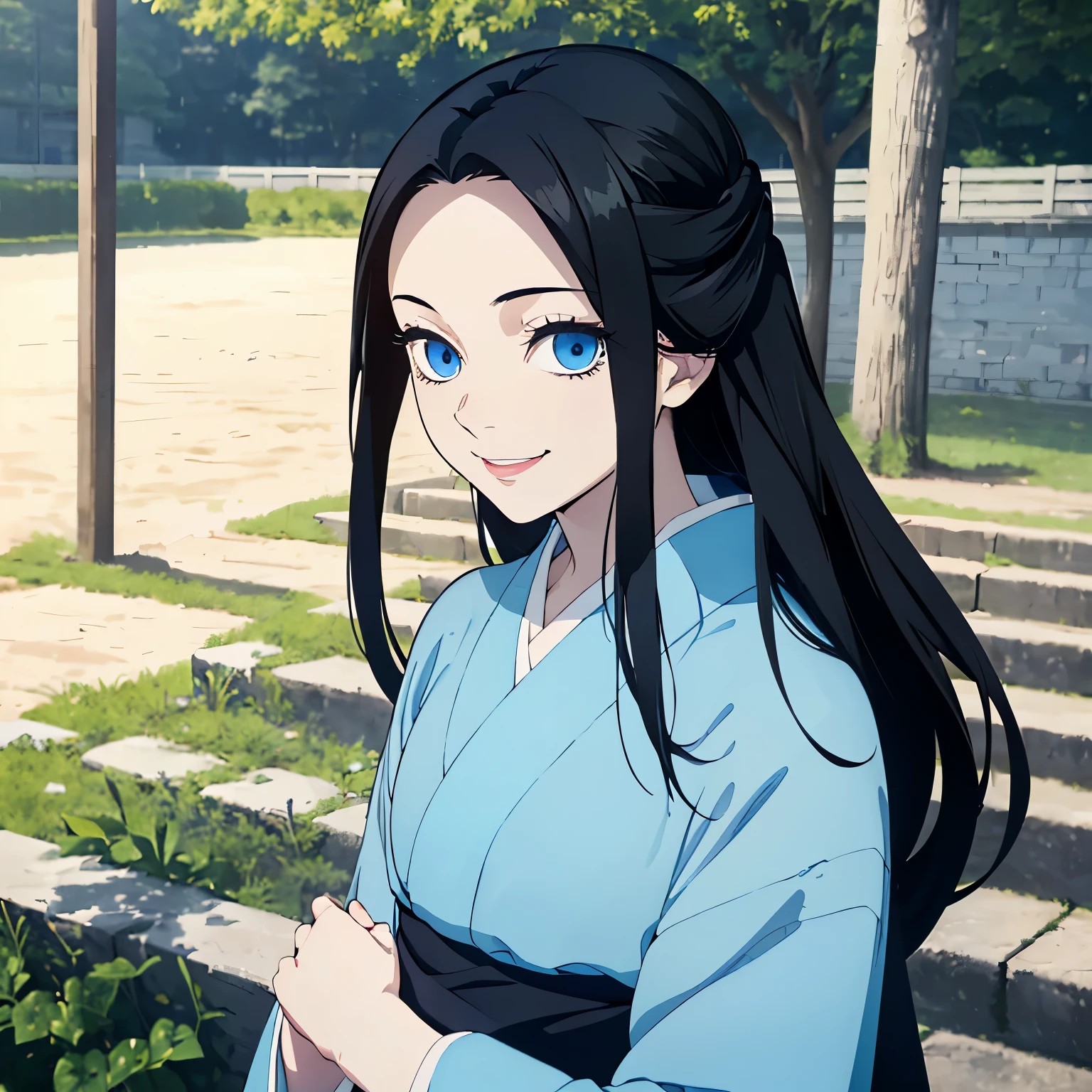 Anime girl with long black hair and blue eyes standing in front of ...