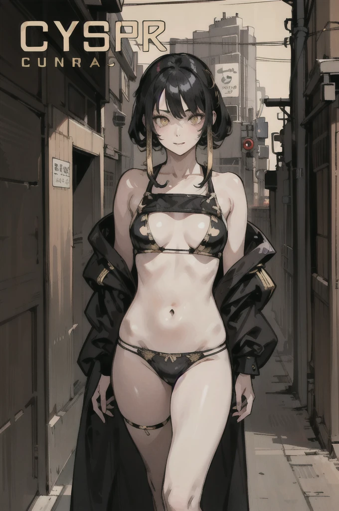 (High resolution), (Ultra delicate), (clear), Realistic,((A girl with black hair and gold inner color)).((cyber punk)),face,Skin realism、A fusion of Japanese style and the near future、Black pupil、white low rise panties