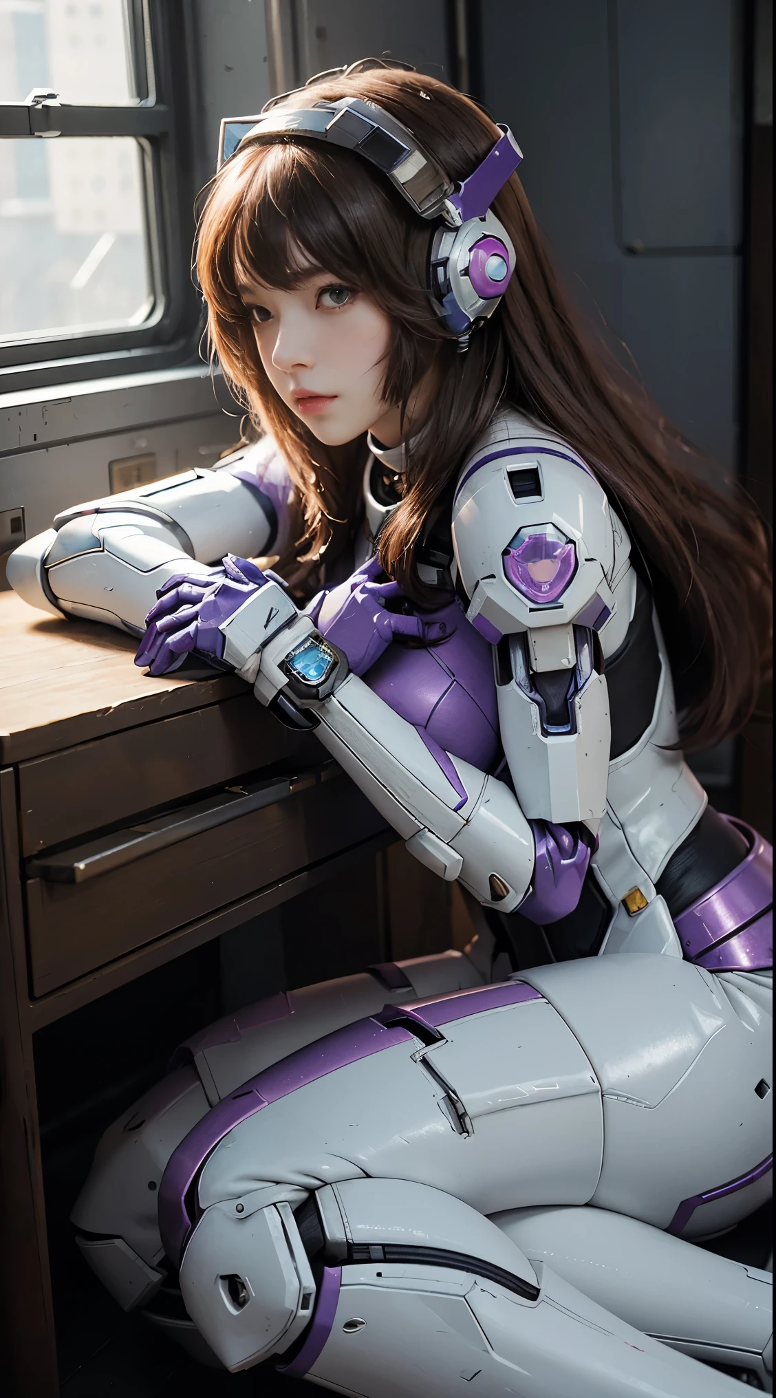 RAW, Masterpiece, Ultra Fine Photo,, Best Quality, Ultra High Resolution, Photorealistic, Sunlight, Full Body Portrait, Stunningly Beautiful,, Dynamic Poses, Delicate Face, Vibrant Eyes, (Side View) a close up of a woman in a pink and white gundam custume, dybamic pose, long brown very very long hair rapunzel, girl in mecha cyber armor, portrait armored astronaut girl, d. va from overwatch, female mecha, on a gundam, gundam head, chiho aoshima color scheme, mobile suit, streamlined purple armor, fully robotic!! girl, realistic cosplay, gundam armor (dynamic pose) (best cameraview), full body