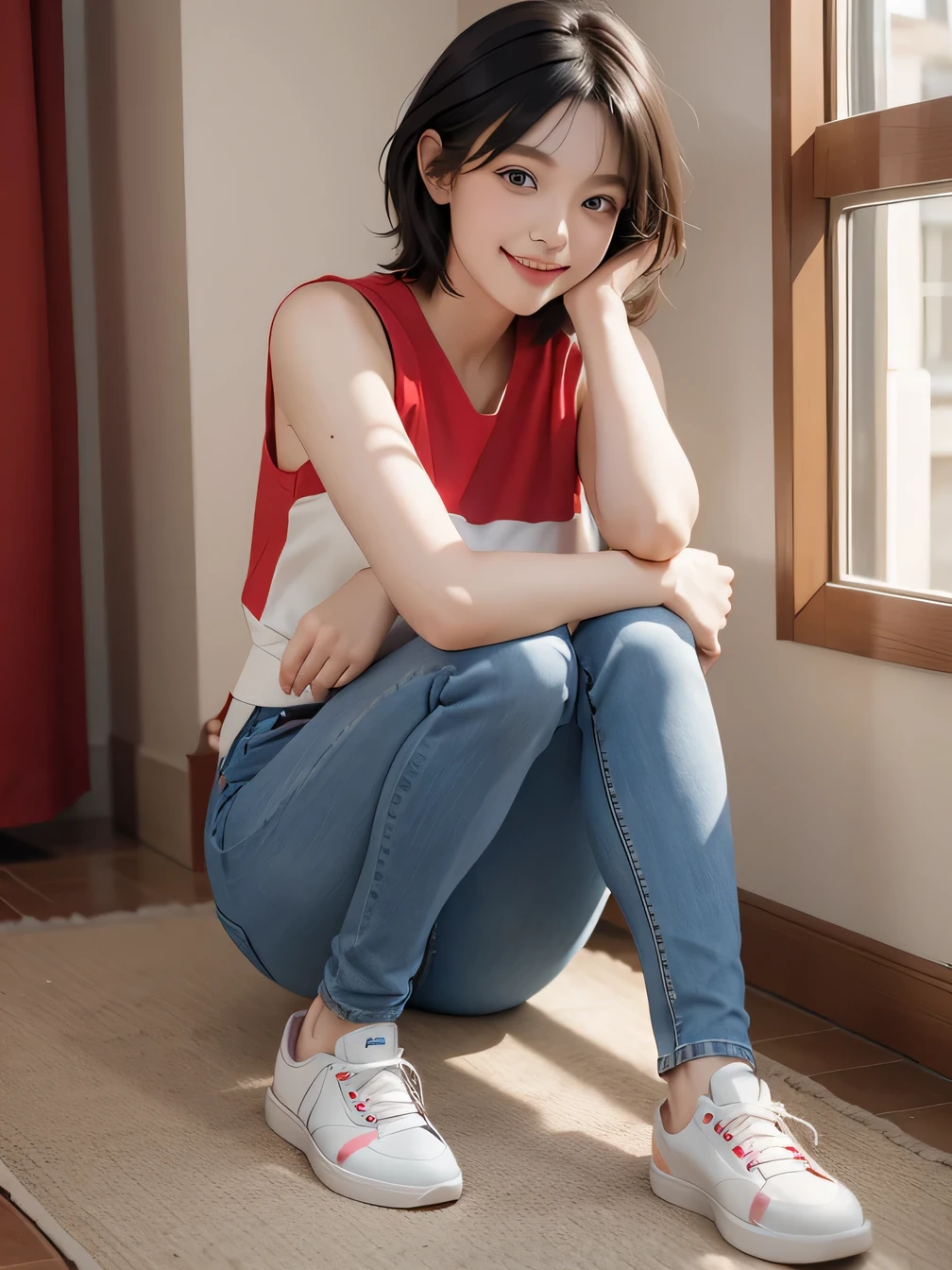 masterpiece:1.3), (8k, Realistic, RAW Photos, highest quality:1.4), (Realistic face), (Black Hair、Short Haircut、Beautiful Hairstyles, smile、Beautiful teeth alignment、Beautiful small blue eyes, (realistic skin texture), (Beautiful Skin),charm, Ultra-high resolution, Ultra-realistic skin, (Natural light)、Golden Ratio, ((smile)), ((full body shot)), (((Red trainer)))、((Skinny jeans and sneakers))