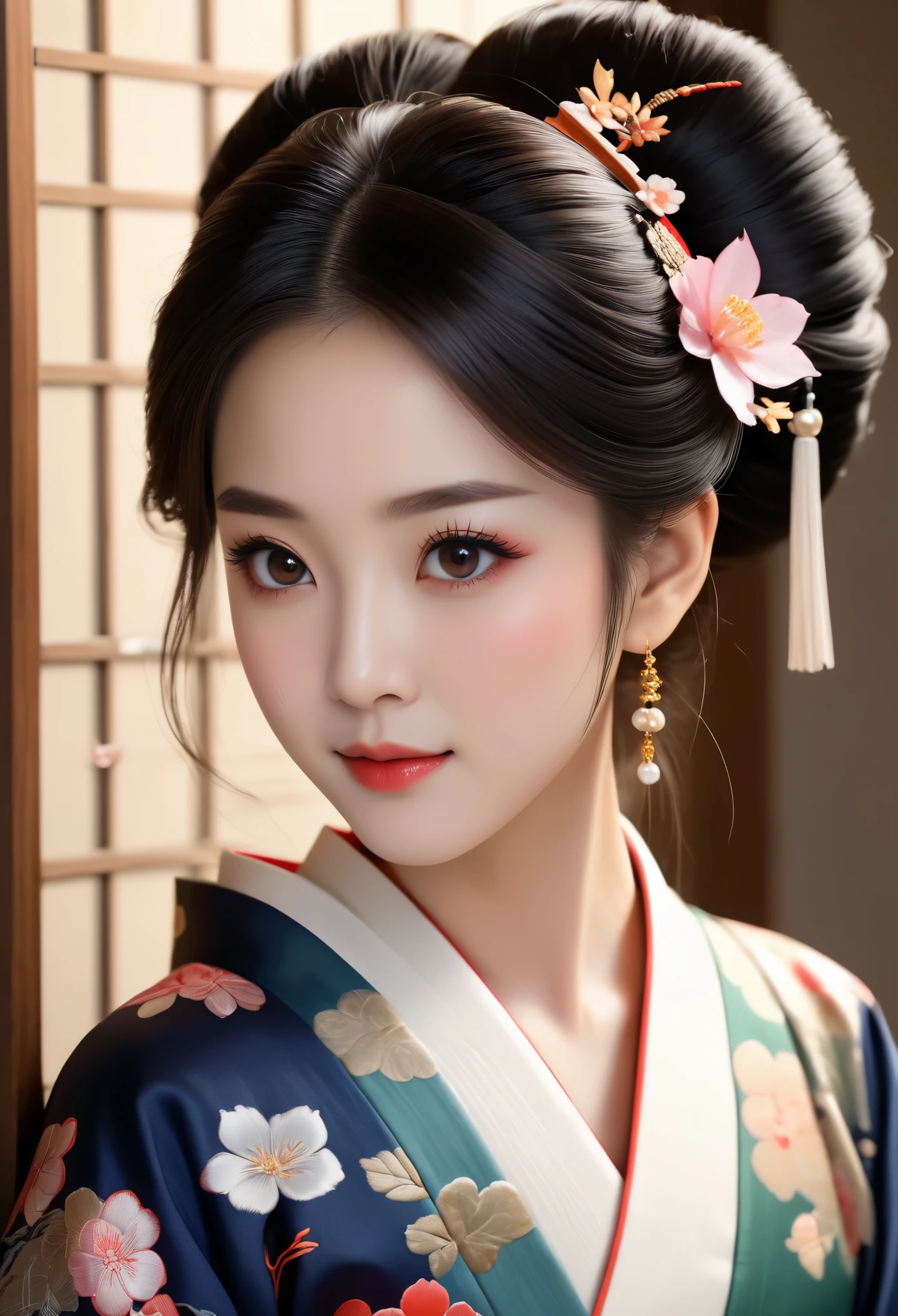 (best quality,4k,8k,highres,masterpiece:1.2),ultra-detailed,(realistic,photorealistic,photo-realistic:1.37),portrait,anime,A girl in a traditional Japanese attire,20th century,beautiful detailed eyes,longeyelashes,smallmouth,rosycheeks,pale skin,flowing black hair,innocent smile,delicate facial features,soft lighting,subtle background,embroidered kimono,exquisite flower hairpin,traditional fan,graceful pose,vibrant colors,ornate patterns,fine brushwork,Nihonga painting style,rich textures,subtle shading,subdued color palette,meticulous attention to detail,sense of tranquility and elegance.