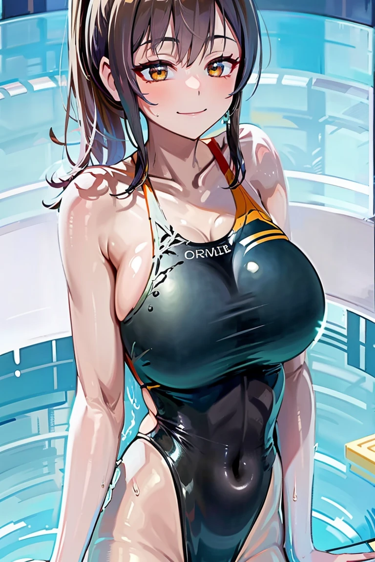 (high resolution), the digital cartoon female standing, 1girl, woman, mature female, house wife, 40 years old, curvy, breasts, smile, (Glossy matte metallic swimsuit in dark random color, Ultra-thin smooth fabric swimsuit, high leg swimsuit,  competition swim suit), gigantic breasts, solo, brown hair, ponytail, blunt bangs, brown eyes, looking at viewer, 