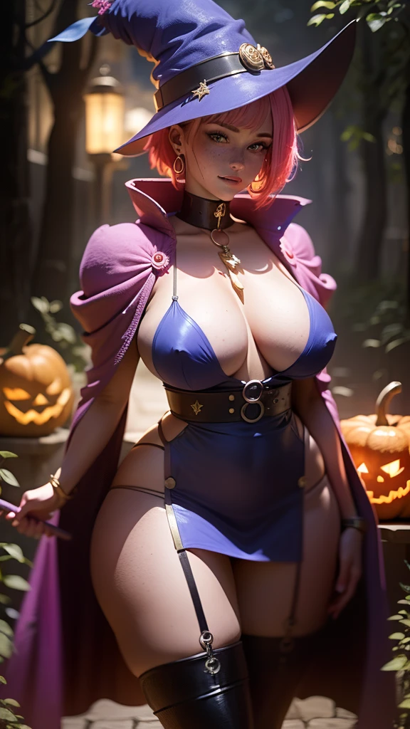 dark magician girl,gwen tennyson,tracer,bulma,rebecca chambers,Yu-Gi-Oh,solo girl,close up,moonlight,gold neck jewelry,body tattoos,short pink skirt,garter belt,short hair,dark magician girl hat,dark magician girl dress,dark magician girl robe,holding a wand,pumpkin village,pink magician girl cloak,silver earrings,halloween forest,glowing pumpkin,green eyes,orange hair,shy smile,freckles,redhead,beautiful girl, large breasts,thigh high boots,ultra detailed,realistic,fantasy art, (east-west tits:1.4)