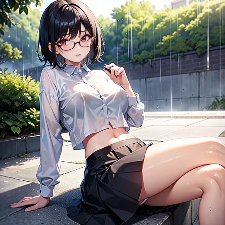  girl , short hair, black hair, red eyes, small, cute, sitting in the rain, wet, big breasts, wear glasses, white shirt , Black skirt, very short, Showing your navel, fit clothes, White Thong,