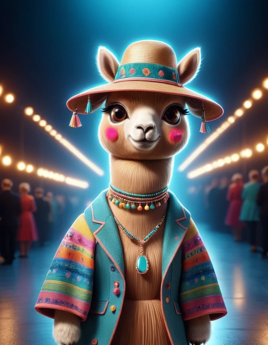 in style of Patchwork , portrait,(Cute alpaca fashion show), Alpaca is anthropomorphized with makeup,whole body,Shooting poss,Fashion trends for summer 2024,Khaki,milky,Charming Alpaca,Enchanting Alpaca,Walking on a catwalk,Dynamic poses,Cool,Cute big eyes,necklace,hat,Fashion,Cartoon,iin style of Terracotta artwork , portrait,background:Fashion show catwalks
