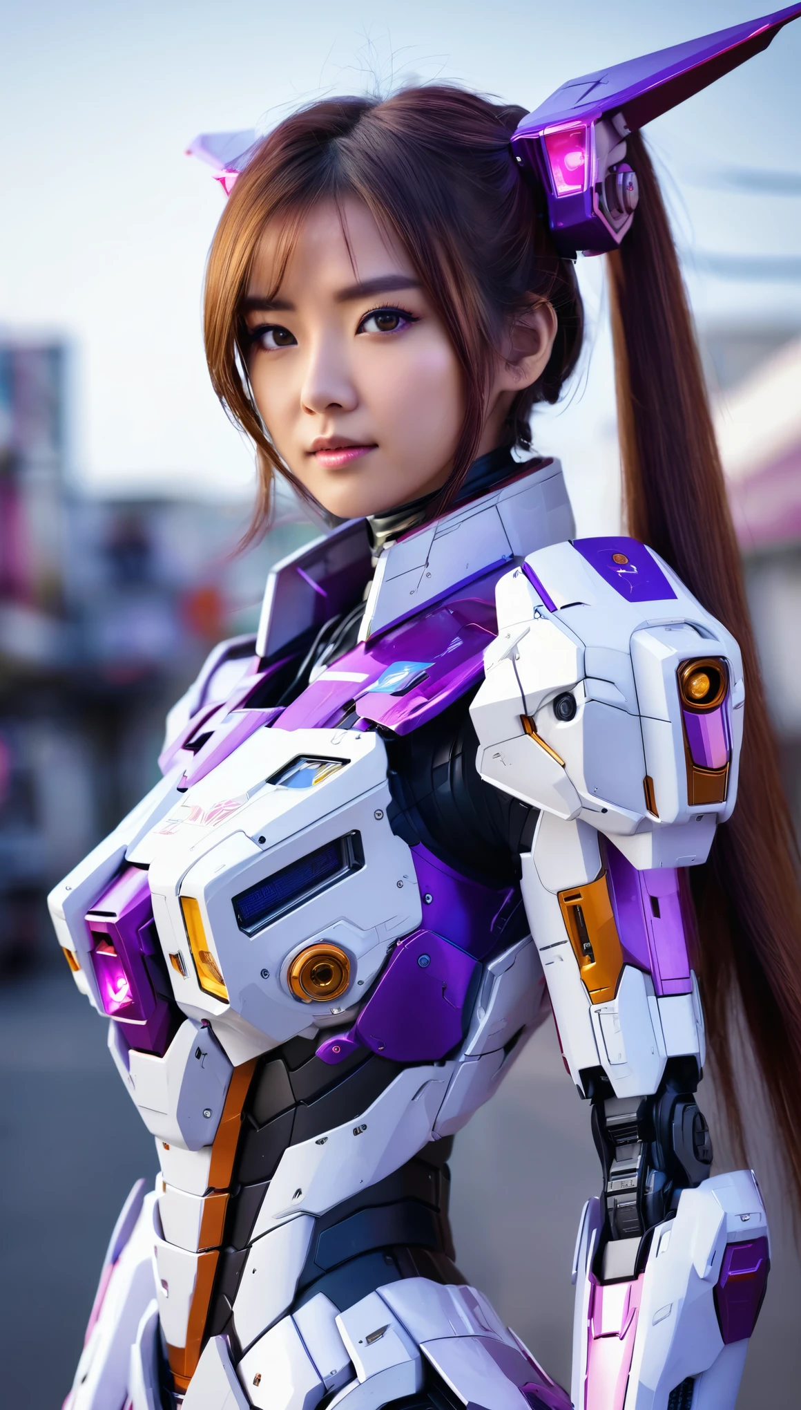 RAW, Masterpiece, Ultra Fine Photo,, Best Quality, Ultra High Resolution, Photorealistic, Sunlight, Full Body Portrait, Stunningly Beautiful,, Dynamic Poses, Delicate Face, wearing a mecha detector glass future transparent neon, Vibrant Eyes, a full body of a woman in a purple and white gundam custume, dybamic pose, pony tail long brown very very long hair rapunzel, girl in mecha cyber armor, portrait armored astronaut girl, d. va from overwatch, female mecha, on a gundam, gundam head, chiho aoshima color scheme, mobile suit, streamlined purple armor, fully robotic!! girl, realistic cosplay, gundam armor (dynamic pose) (best cameraview), full body, sit down, full body