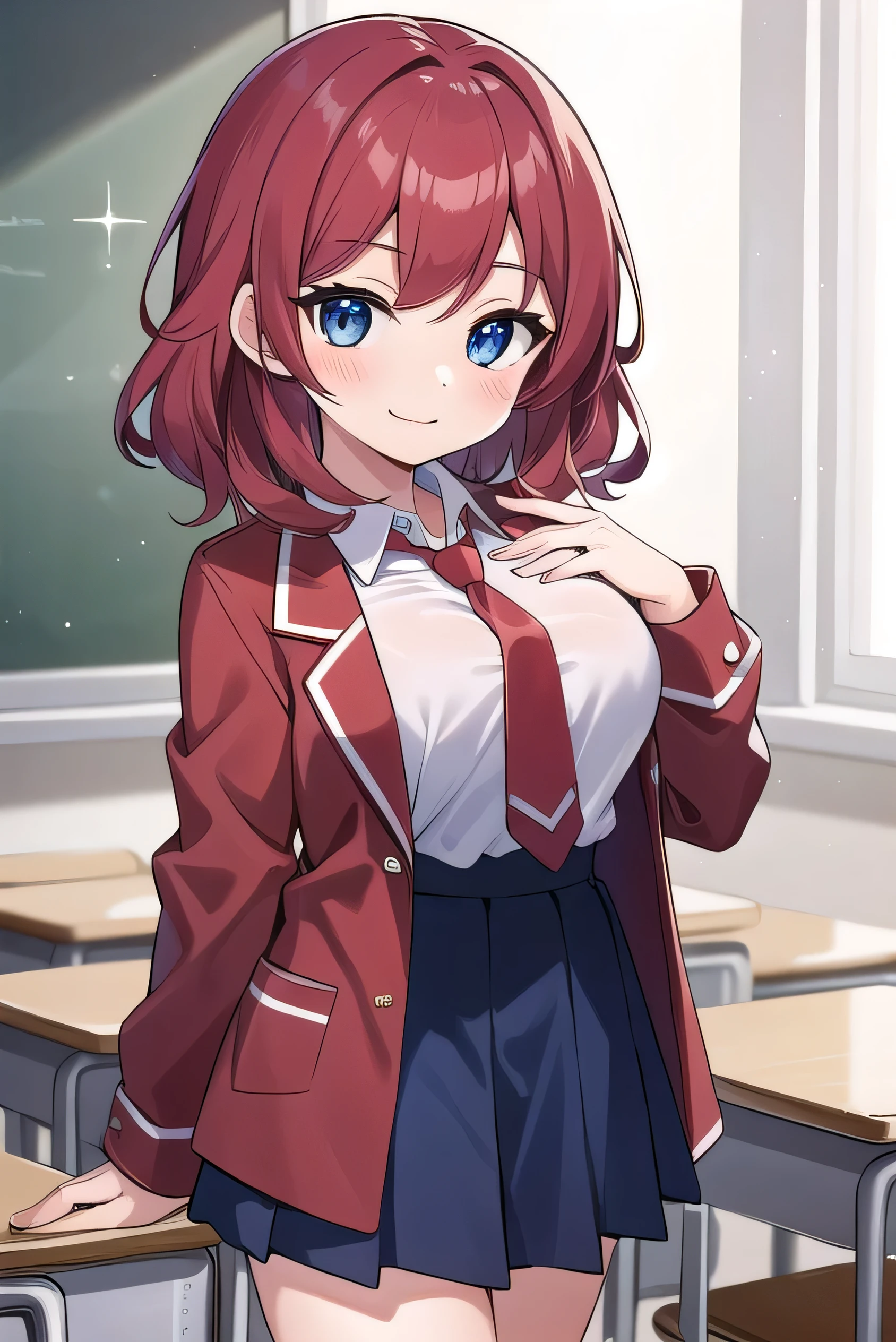 Big breasts, red hair, blue eyes, droopy eyes, red jacket, long sleeves, navy skirt, elementary school student, super big breasts, (medium hair: 1.2), baggy clothes, elementary school student, young face, short height, 10 years old, old, shy A shy guy, smiling a little, in the classroom, trying to open the buttons of his shirt, white shirt, red tie，straight hair