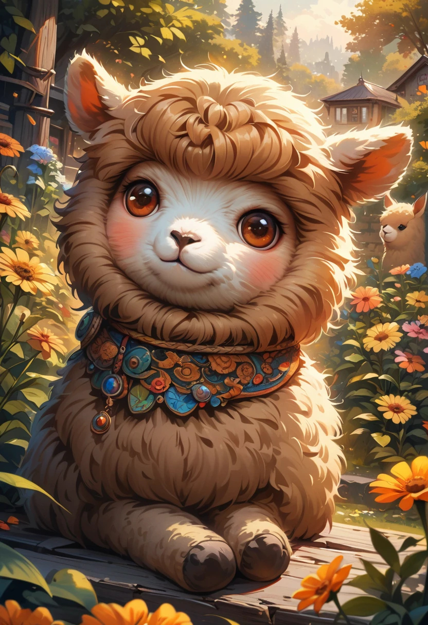 style, Vibrant colors, dreamy atmosphere, Layered composition, Intricate details, Warm rural background,(Brown Alpaca, Alpaca plush toy, Old Alpaca, Anthropomorphic alpacas, Fluffy,Solitary, big eyes,best quality,Super detailed,Reality), Soft texture, Comfortable atmosphere, peaceful garden background, Vibrant colors, Warm lighting