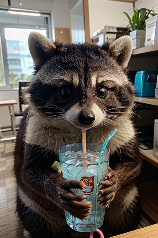 Cute racoon drink water by plastic straw in office