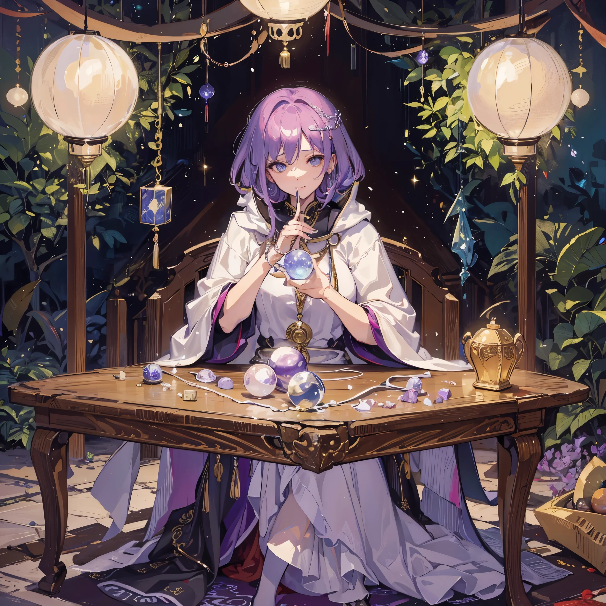 A mature and sexy middle-aged woman,Wearing a cloak,Sitting at a small table,There are crystal balls on the table,Woman fortune telling。Medium shot composition,Full body pictures,color,Anime illustration style,HD,4K。