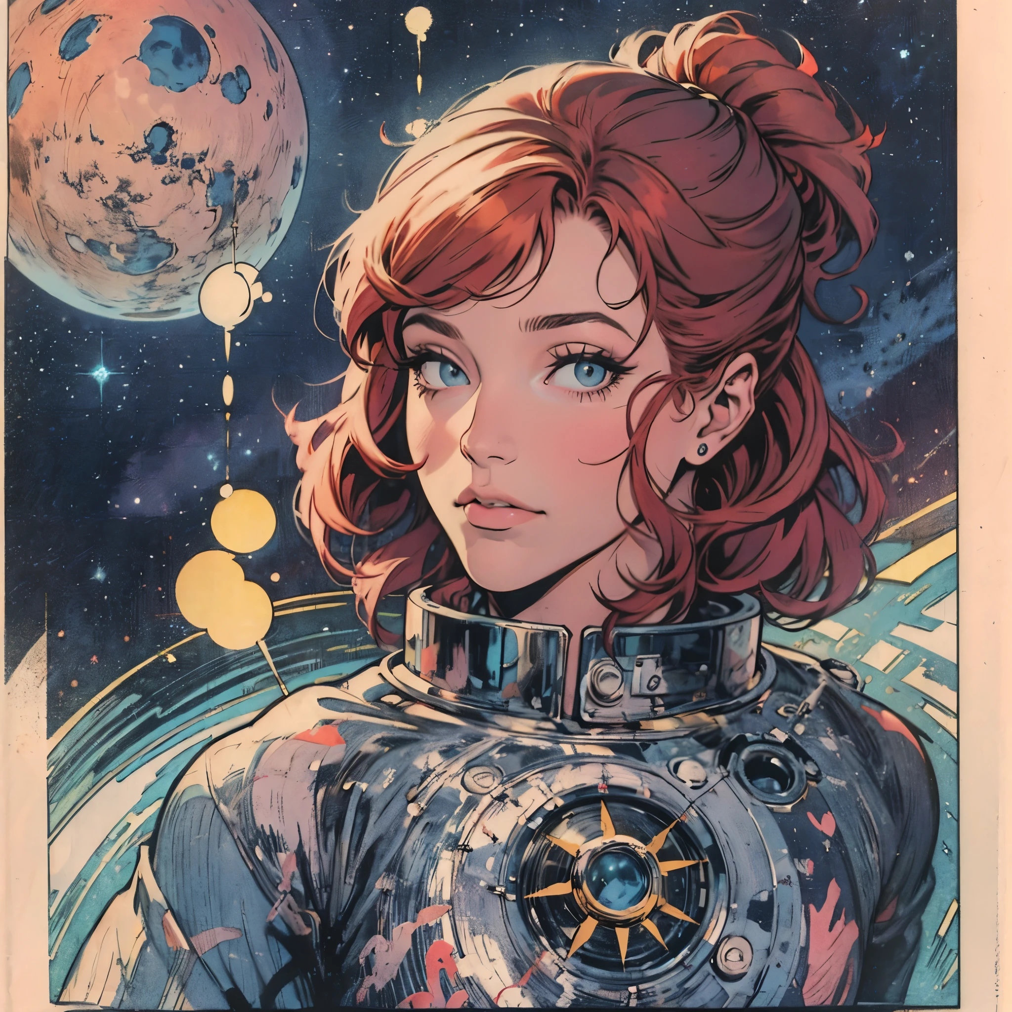 ultimate best quality,beautiful woman,speech bubble,big brest,galaxy,60s,70s,80s,cat,colorful,cosmo,space,