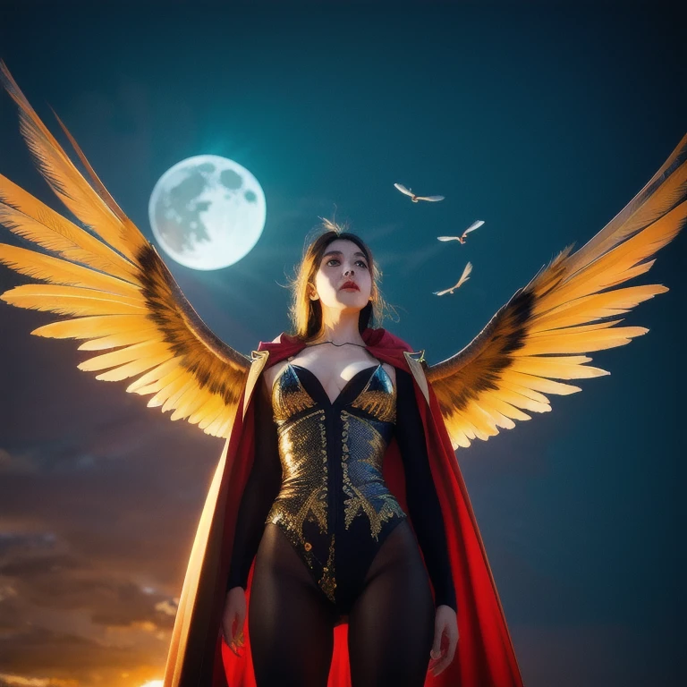 (masterpiece, best quality:1.2), 1girl, solo Dark luminous translucent Wings, Above the Clouds Loosing feathers, floating feathers, subsurface scattering, Capture the dystopian spectacle of female Icarus ascending too close to the sun, seen from below. Witness her wings, illuminated by the piercing light of a Blood moon, shedding feathers as they struggle against the inevitable descent. subsurface scattering, Angel Icarus LiS_Robot By tim burton with Large vanta black spreaded Wings, large hooded Cape, liminal space cloud, Neon translucent Soundwaves visible on the face, atmospheric haze, Film grain, cinematic film still, shallow depth of field, highly detailed, high budget, cinemascope, moody, epic, OverallDetail, 2000s vintage RAW photo, photorealistic, candid camera, color graded cinematic, atmospheric lighting, imperfections, natural, shallow dof