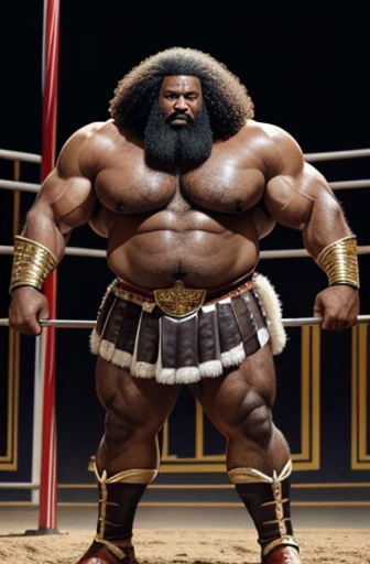 A full body afro Kenyan gladiator from Imperial Rome standing a sweaty old man with big afro and gray hair extremely muscular and extremely fat over 70 years old weighing over 600 pounds with extremely large sagging pecs and very muscular and very hairy with gynecomastia Dark and pointy muscles relaxing in the arena of a circus with a leather skirt