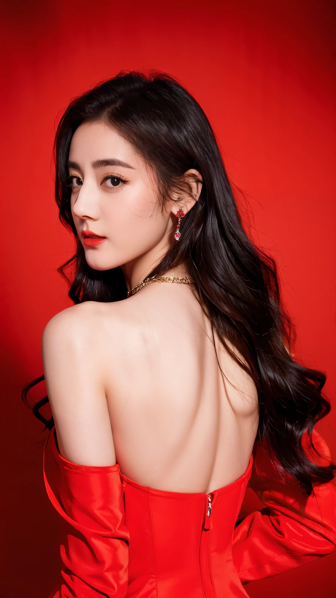 Ultra HD resolution，artistic photos，Photography，21yo girl,earrings,long hair,Red background,Black backless dress,necklace,cowboy shot,G cup