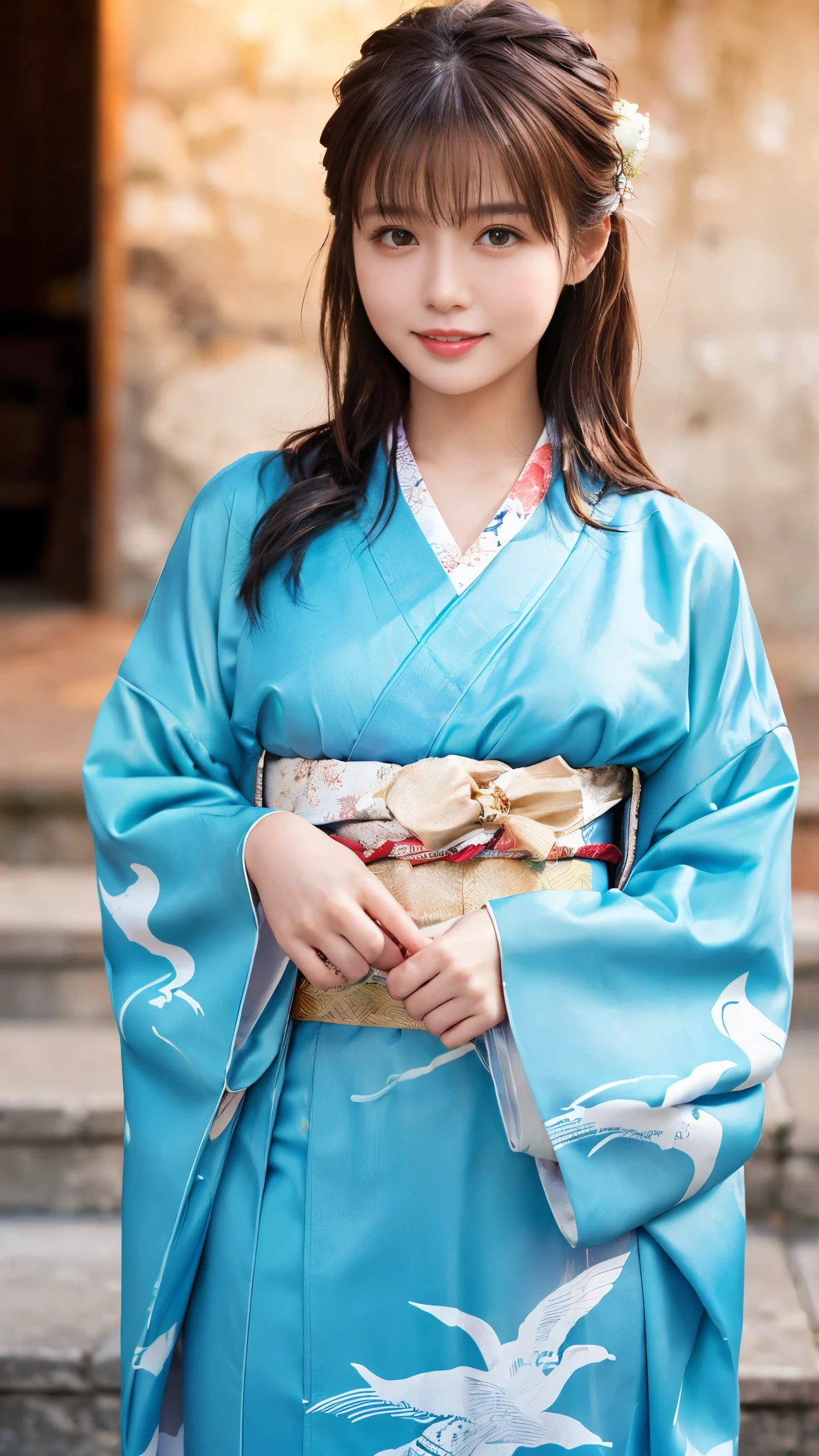 white yukata、Japanese pattern、(Long-sleeved kimono:1.5)、or、(Top Grade)、1 female、20-year-old、Whole Body Ezbian、Blonde、Tie your hair back、(Realistic:1.7)、((Best image quality))、Absurd、(超A high resolution)、(Photoreal:1.6)、Photoreal、Octane Rendering、(超Realistic:1.2)、(Realistic face:1.2)、(8k)、(4K)、(masterpiece)、(Realistic skin texture)、(Awareness-raising、Cinema Lighting、wall-)、(Beautiful Eyes:1.2)、((((Perfect Face))))、(A cute face like an idol:1.2)、( Are standing)、shrine、bird ready、(January)、Cute face with attention to detail、True Beauty、Laughter、