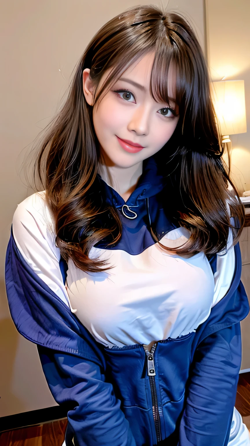 ((highest quality, 8K, masterpiece: 1.3)), concentrated: 1.2, Cute girl 1,nipples erect、Braless walk、 Perfect beauty: 1.4,hoodie: 1.2,Long sleeve、randal color、comics＆Text Graphics、Black ruffle-trimmed drawstring zip blouse,1.1, Highly detailed face and skin textures, Fine grain, double eyelid, whitening skin, ,highest quality,Ultra-high resolution,you,1 girl,alone,_Shiny_skin,Iris,necklace,((Brown_length_Wavy_hair)),(lips)),eyelash,front hair,deal with,compensate,Shiny,pore,skin texture,big breasts、smiling face、living、