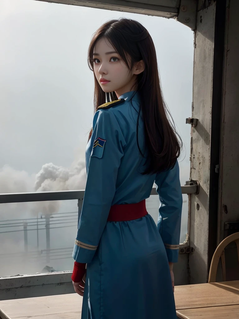 (1 Girl:1.3), Solitary, (((very detailed face)))), ((The eyes and face are very detailed)))), fair detail eyes, body parts__, official art, Unified 8K wallpaper, fair and beautiful, fair, On the table, best quality, The original, On the table, Ultra-detailed photos, best quality, Ultra-high resolution, realism, Sunlight, Full body portrait, amazing beauty, Dynamic poses, Delicate face, (Eyes bright when viewed from the front), She was in combat uniform, Black and red single point color matching, Women's military uniform, Highly detailed abandoned warehouse background, Delicate face, Detailed complex busy background, messy, Gorgeous, milky, Highly refined skin, Realistic skin details, Visible pores, Be focused, Volumetric Fog, 8k ultra high definition, high quality, Film Grain, White skin, Photorealism, Rama Photography, Future dystopian megalopolis, Explosive smoke,emergency siren,In battle with the enemy,nervous expression,The situation is tense,Combat helicopters,Beautiful woman with a well-proportioned figure and a beautiful face,East,Korean,age super pretty girl,Energetic girl,Act as a rescuer through dangerous situations,意志のStrong Woman,Strong Woman,former mercenary,Martial Arts,obligation: Disaster Relief Team Leader,Purify the blue sky,The precious girl who protects the holy war with a pure heart...,Transporting minimally necessary medical equipment,Photo taken from the angle below,still, symbol of battle々Shishi Face,Kawaii face,CLC Eugene,Eve Eugene, commander,emaciated,Slim body shape,The lower body is thinner,The butt is small,I stood quietly，Observe your surroundings carefully.,