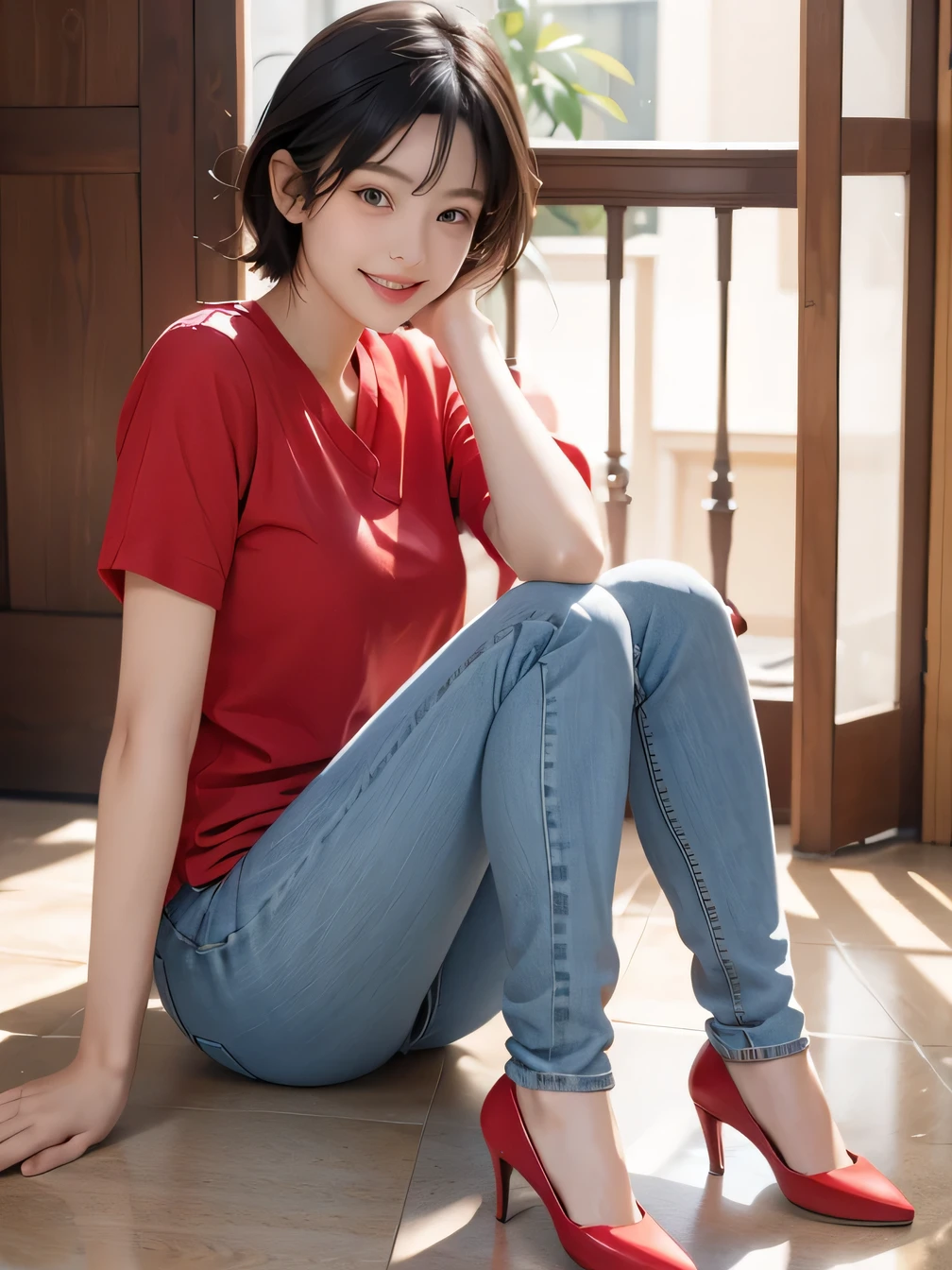 masterpiece:1.3), (8k, Realistic, RAW Photos, highest quality:1.4), (Realistic face), (Black Hair、Short Haircut、Beautiful Hairstyles, smile、Beautiful teeth alignment、Beautiful small blue eyes, (realistic skin texture), (Beautiful Skin),charm, Ultra-high resolution, Ultra-realistic skin, (Natural light)、Golden Ratio, ((smile)), ((full body shot)), (((Red trainer)))、((Skinny jeans and pumps))
