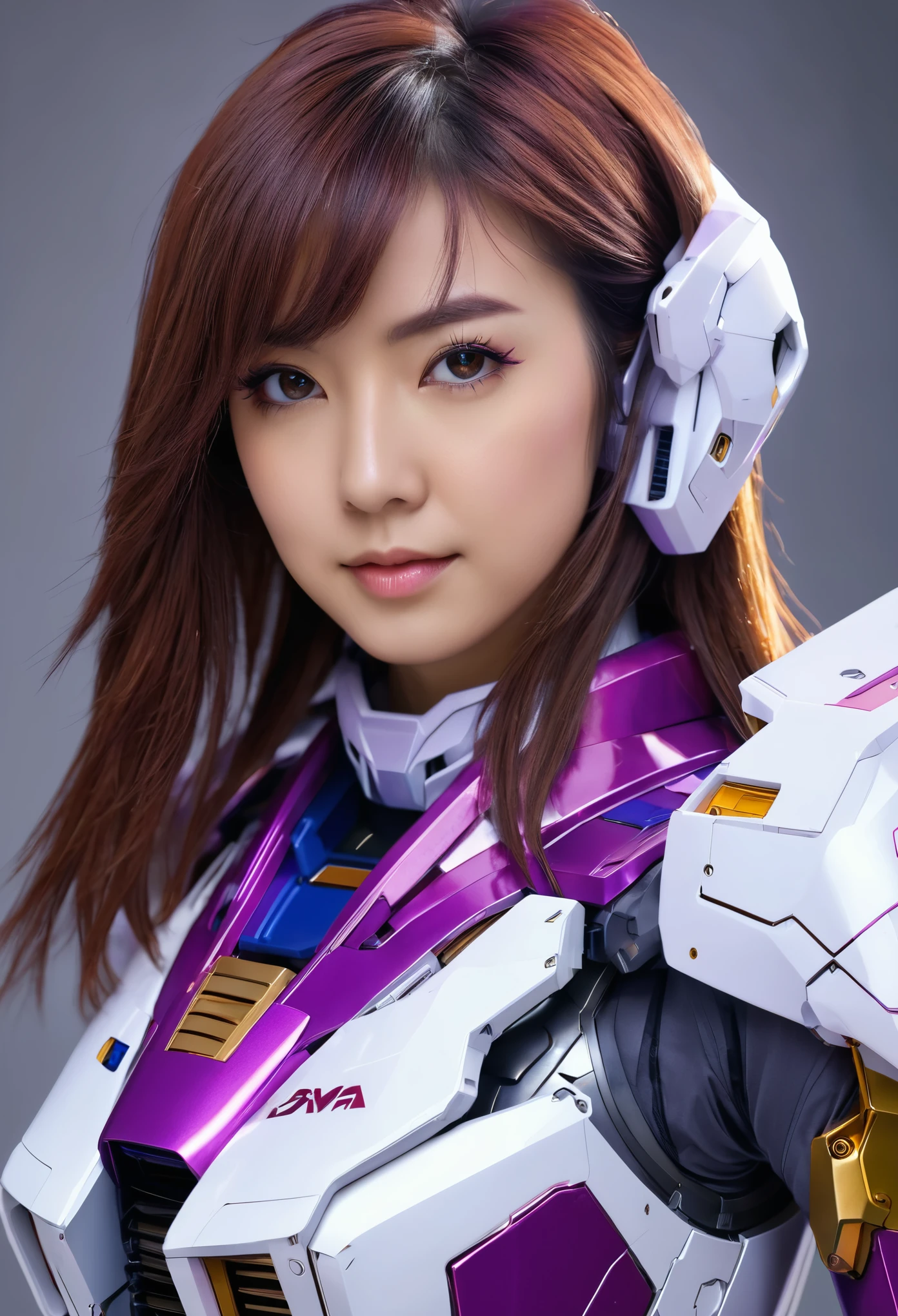 RAW, Masterpiece, Ultra Fine Photo,, Best Quality, Ultra High Resolution, Photorealistic, Sunlight, Full Body Portrait, Stunningly Beautiful,, Dynamic Poses, Delicate Face, Vibrant Eyes, a full body of a woman in a purple and white gundam custume, dybamic pose, long brown very very long hair rapunzel, girl in mecha cyber armor, portrait armored astronaut girl, d. va from overwatch, female mecha, on a gundam, gundam head, chiho aoshima color scheme, mobile suit, streamlined purple armor, fully robotic!! girl, realistic cosplay, gundam armor , full body, sit down, full body
