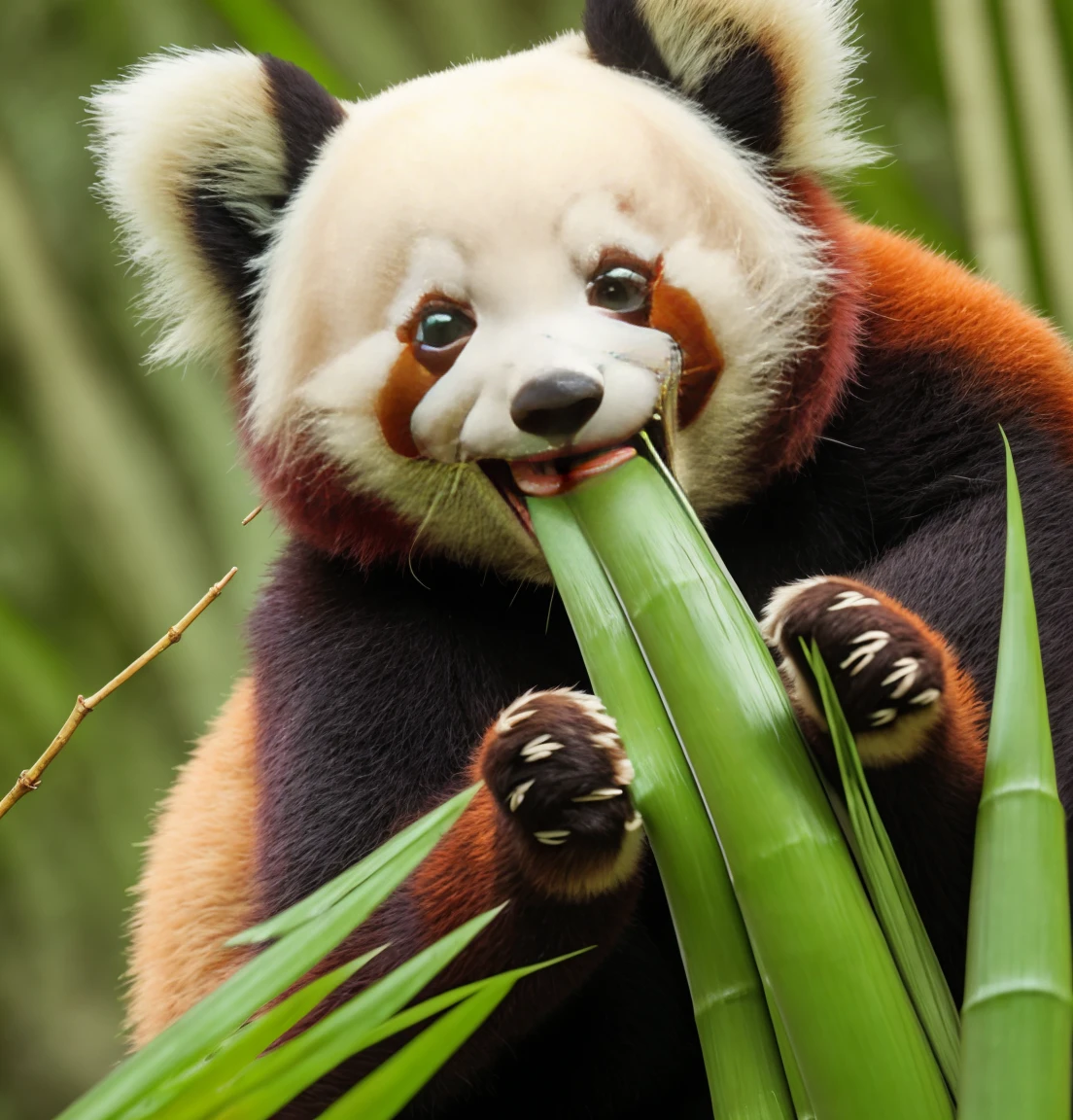 8k, highest quality, Intricate details, Super detailed, Ultra-high resolution, masterpiece, Close-up shot, (whole body: 1.1), round body shape, smile, (compensate: 0.4),A red panda is shown eating a bamboo leaf that is held tightly in its front paws.。There are some green leaves around the mouth.、He is eating with satisfaction.。