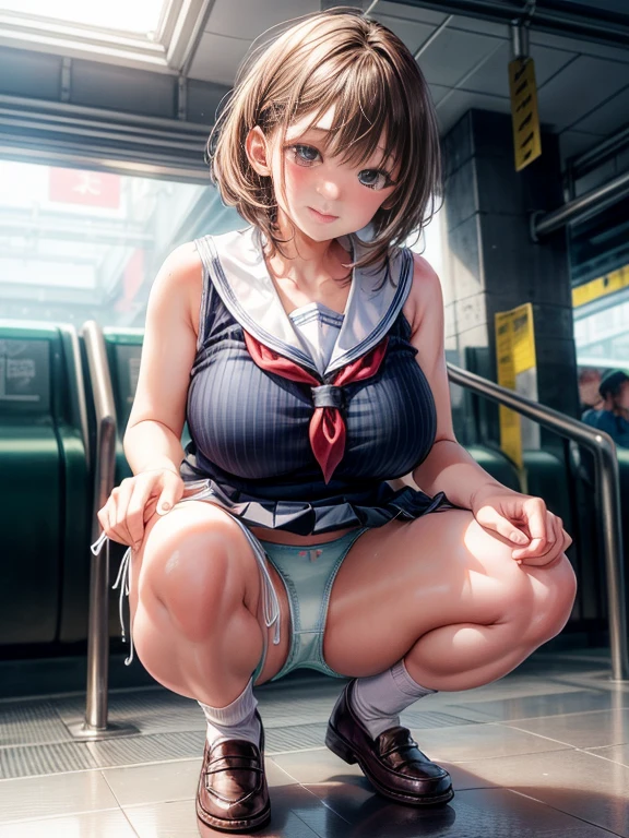 (beautiful),(19 years old:1.3),(Embarrassing:1.5),(In 8K),(Buckshot),, ((Squat with your legs apart:1.5))、Cute Japanese Girls,born,Portrait,Photorealistic,超A high resolution,highest quality,Natural light,(Ray Tracing:1.2),
The break is
(big breasts:1.3), , Flowing sweat, Narrow shoulders,(Escalators in subway stations), See through,  (Plump body:1.4),(shortcut:Bang bang down:floating hair:brown hair), Embarrassing from,, high school, Sailor suit, loafers, White short socks, From below, high school, Skirt torn
(Natural skin texture,Detailed skin, Hyperrealism,Ultra Sharpness),Intricate details,Depth of written boundary,smile,(Blushing),、((ＴBack Panties:1.5)), ((Squat with your legs apart:1.5))、