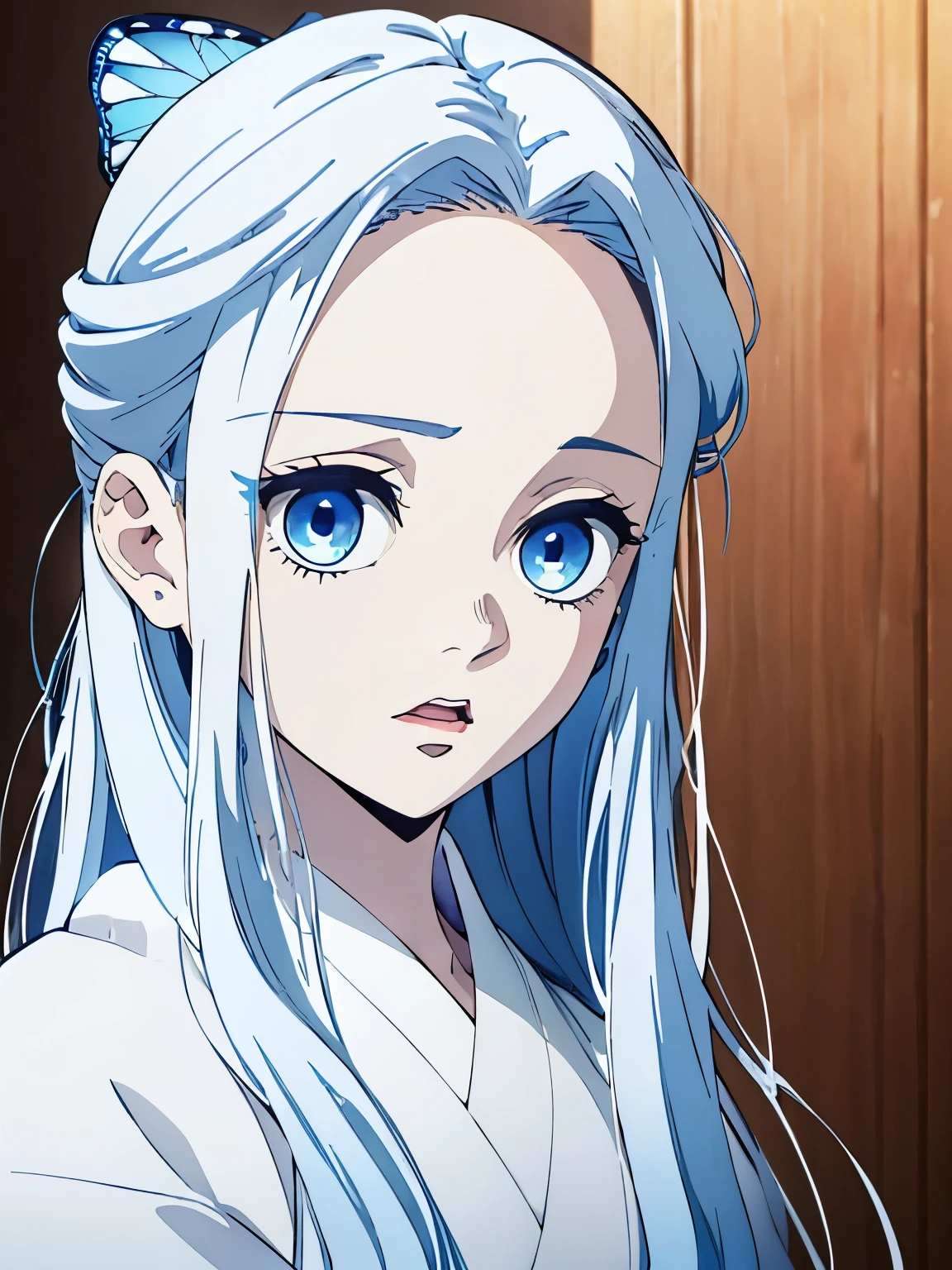 (1 girl with White long straight hair and blue eyes, beautiful girl, white kimono, face focus, (opened mouth), suprised face, half-up, half-down hairstyle, ine hair pin, one blue butterfly hair pin,